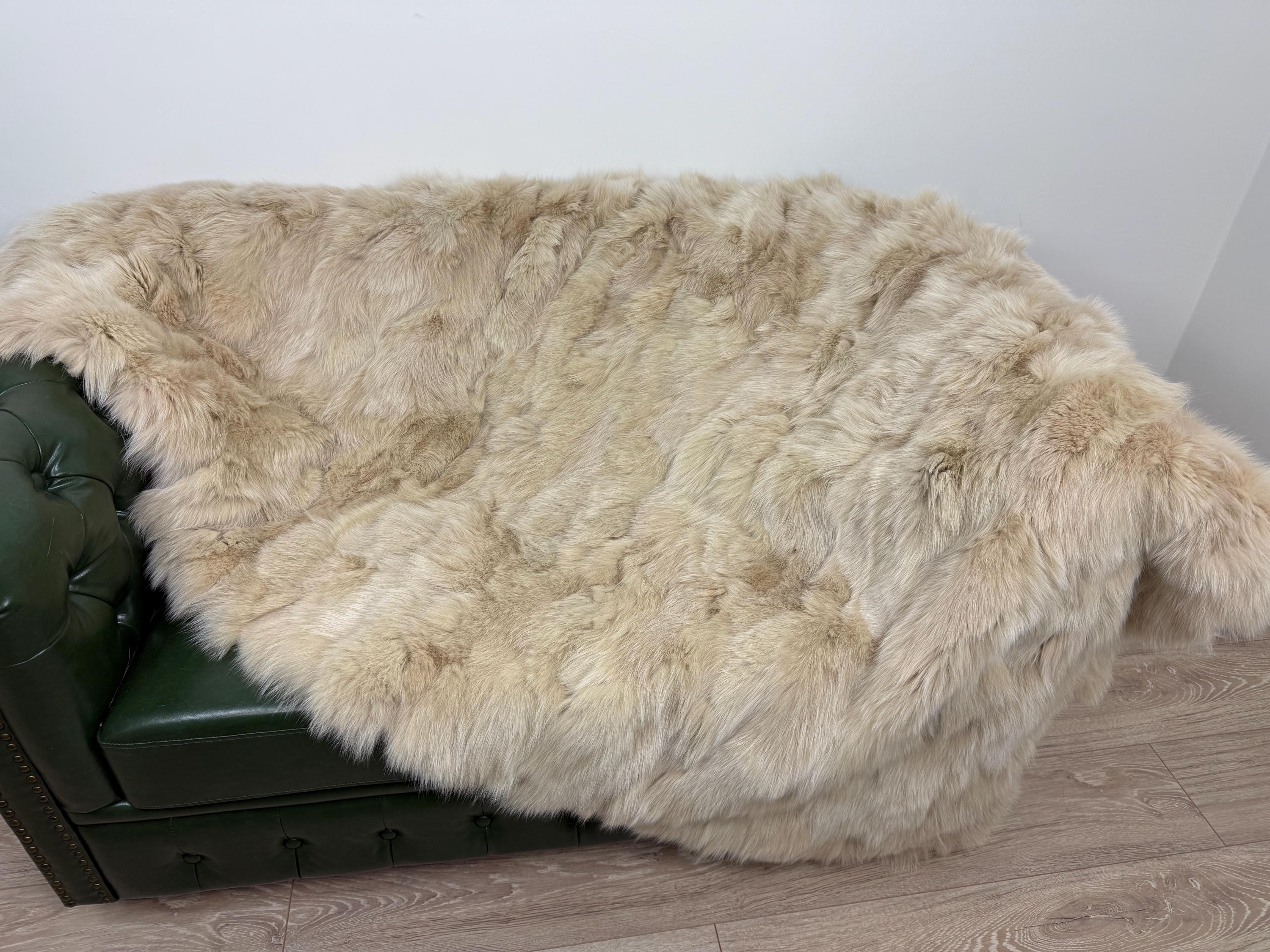 Luxury Beige Fox Fur Blanket: Handmade Fluffy Bedspread, Sofa Throw