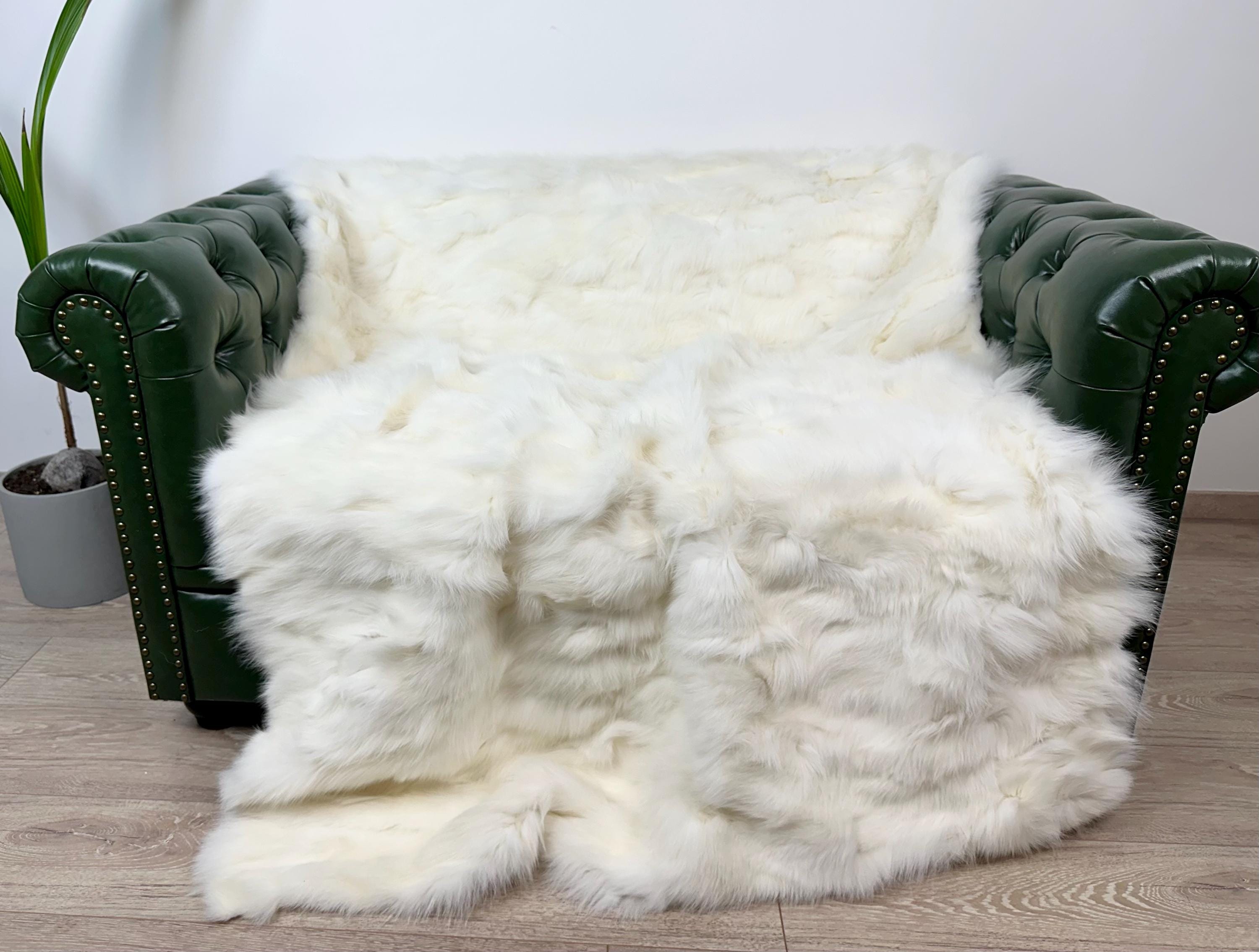 Handmade White Shadow Fox Fur Blanket: Luxury Bedspread Throw