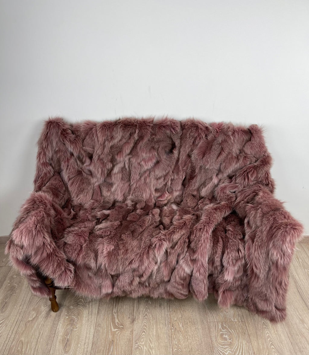 Dusty Rose Fox Fur Blanket – Real Fur Throw, Handmade in Greece, Luxury Fur Blanket