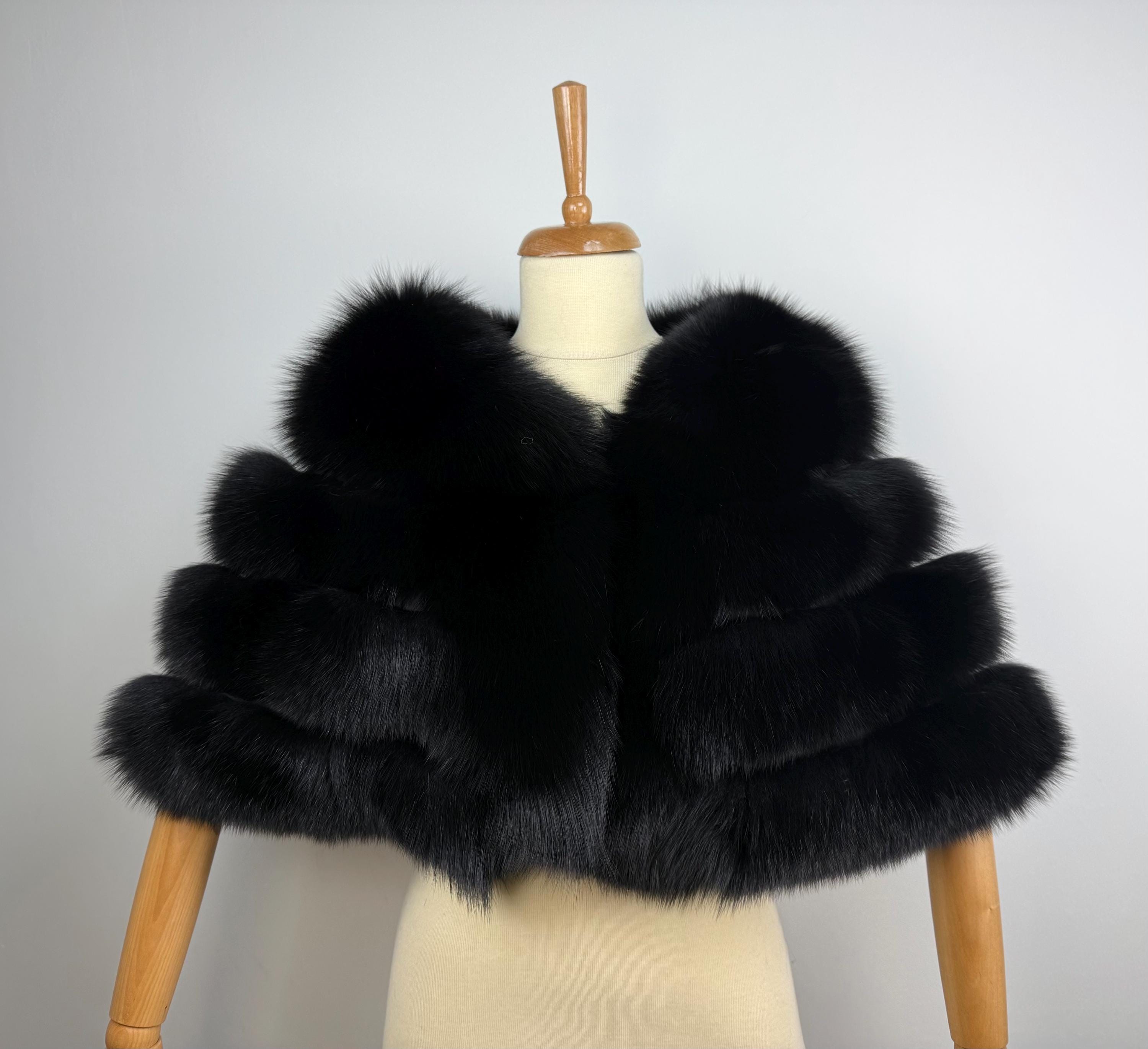 Black Fox Fur Stole – Real Fur Formal Shawl, Handmade in Greece