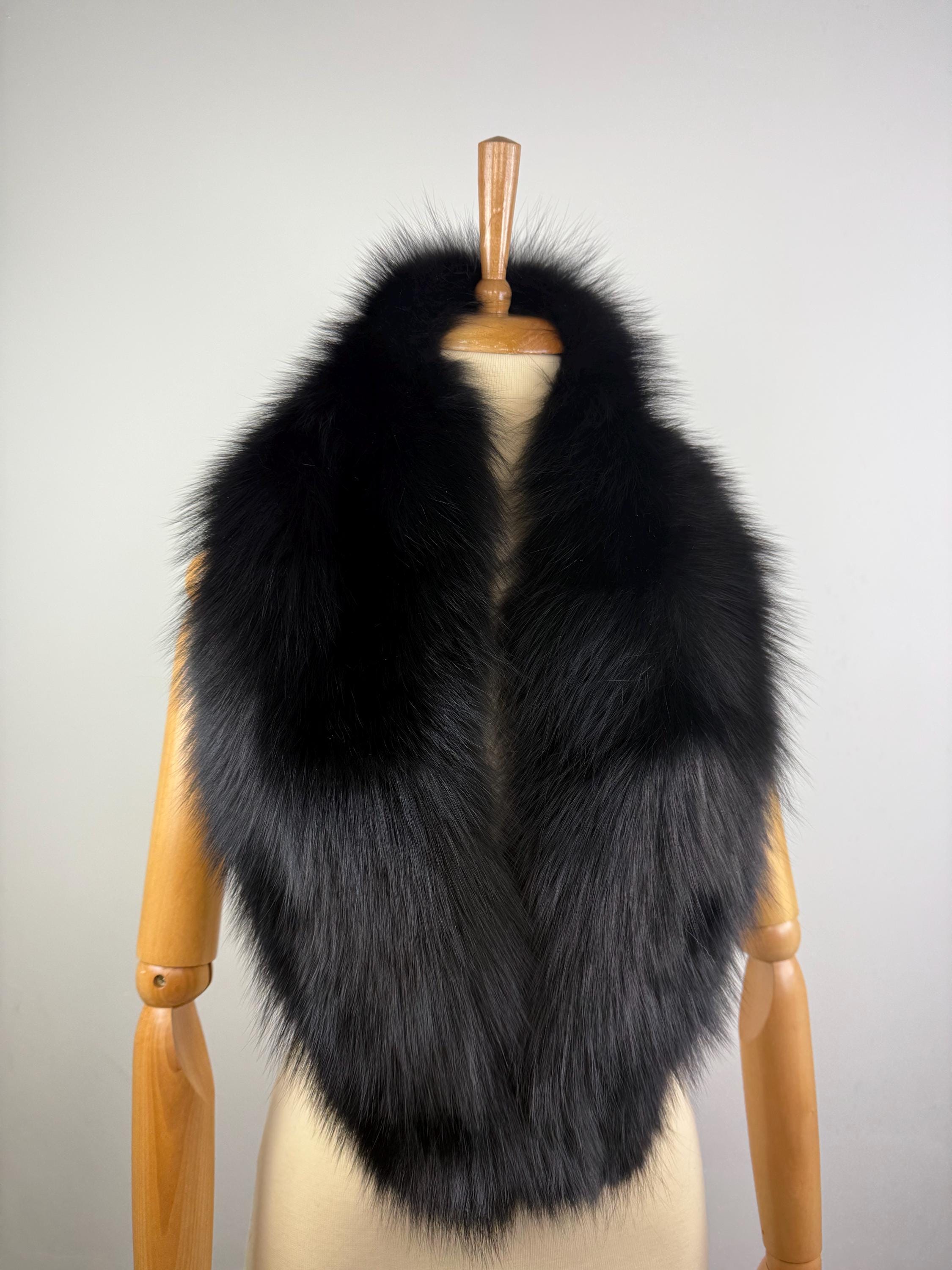 Black Fox Fur Stole – Real Fur Wrap, Extra Long Luxury Fur, Handmade in Greece