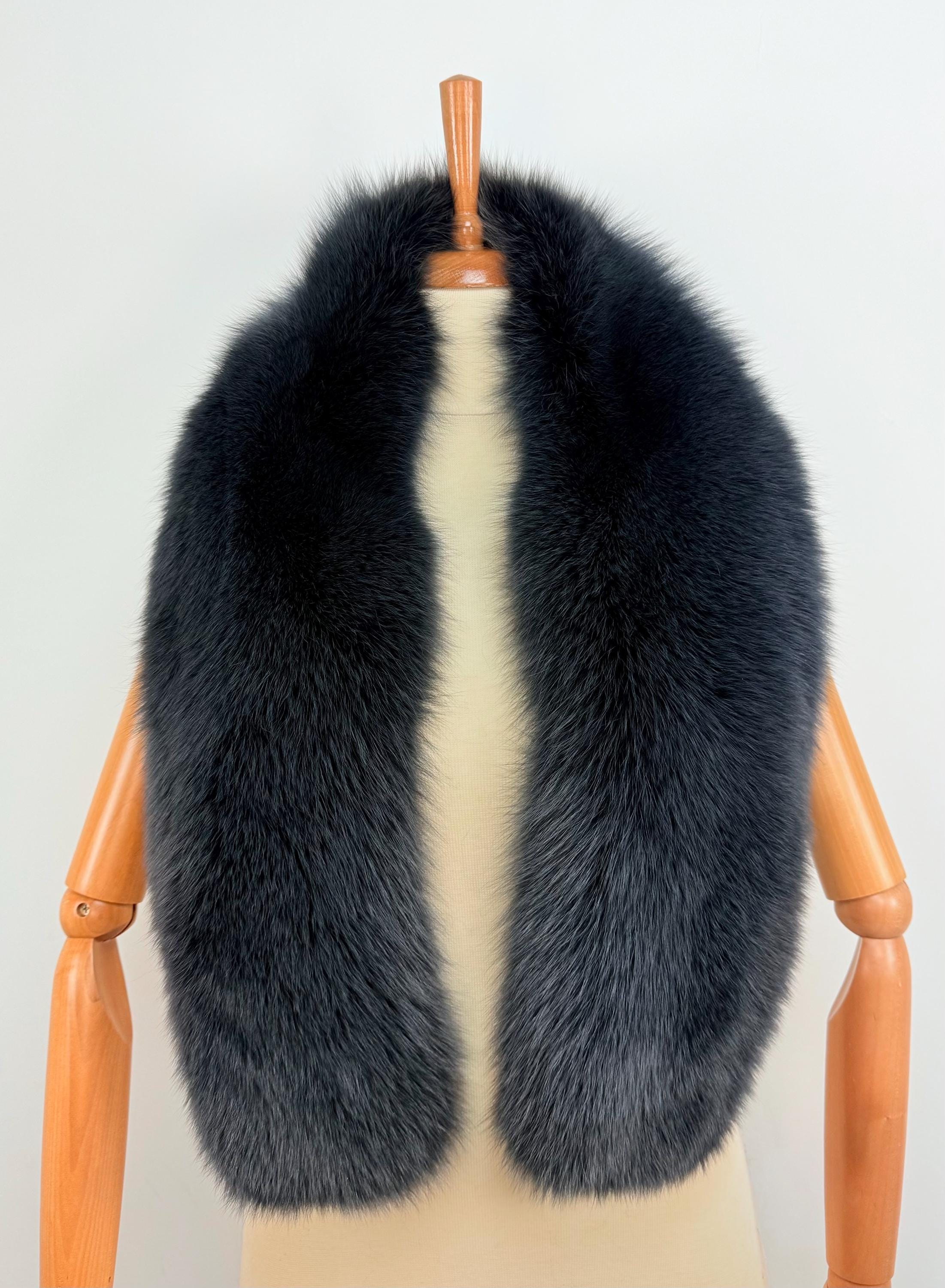 Midnight Blue Fox Fur Stole – Real Fur Wrap, Extra Long Luxury Fur, Handmade in Greece