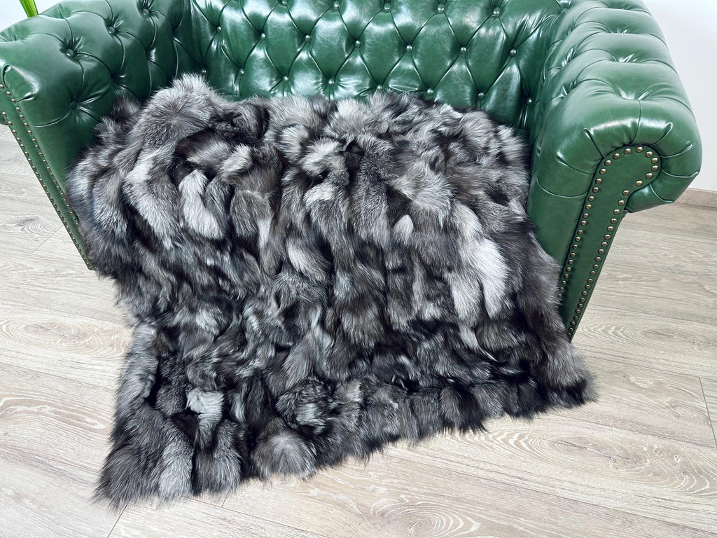 Luxury Silver Fox Fur Blanket: Handmade Real Fur Throw