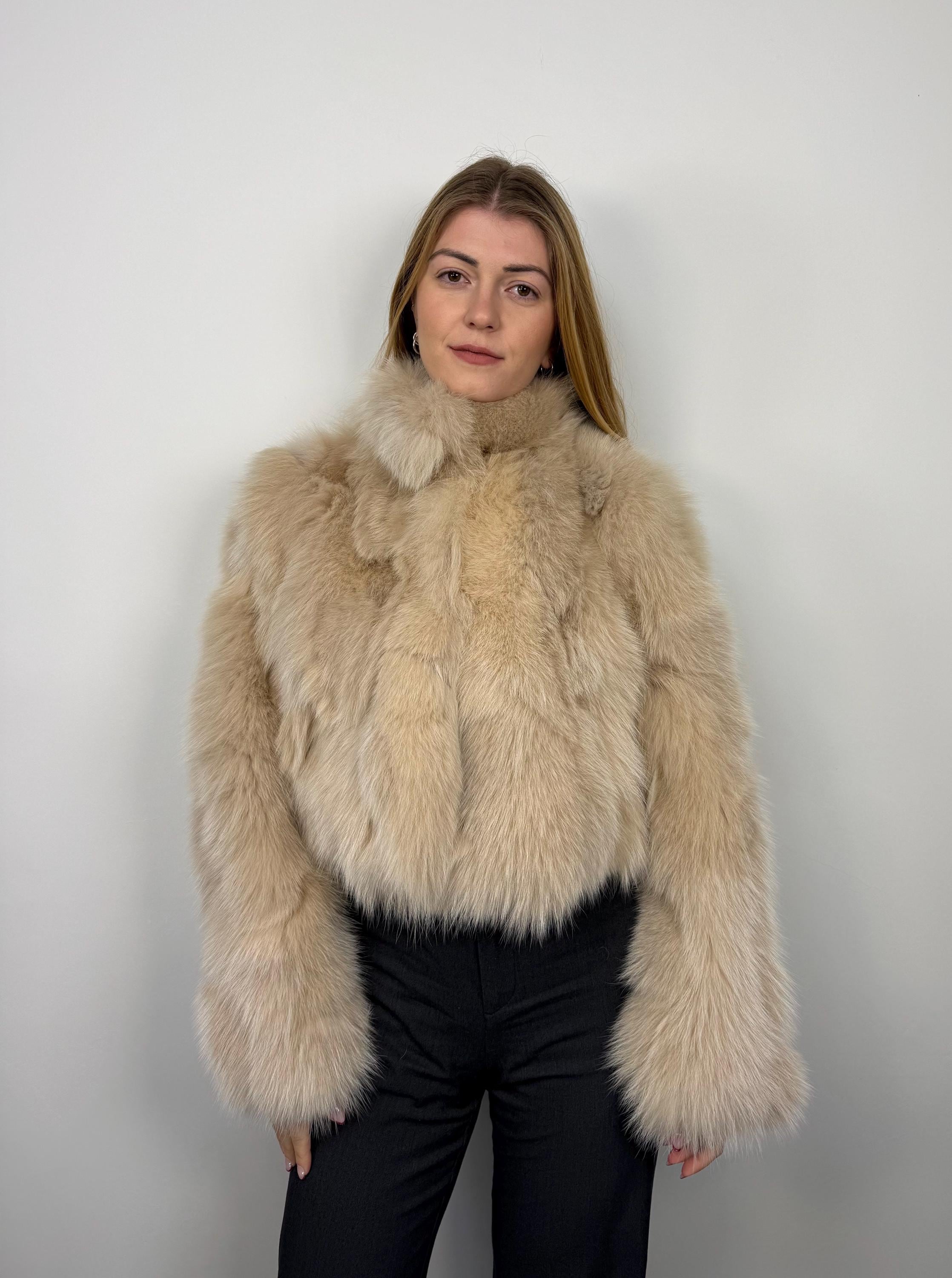 Elegant Beige Fox Fur Jacket: Genuine Fur Winter Coat