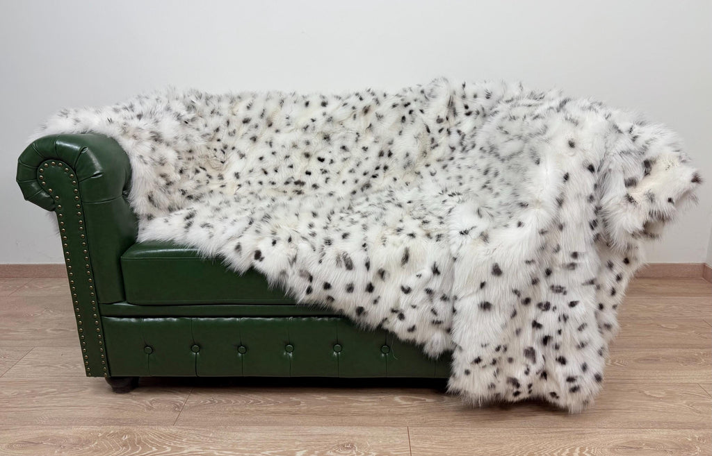 Luxury White Spotted Fox Fur Throw: Handmade Real Fur Blanket