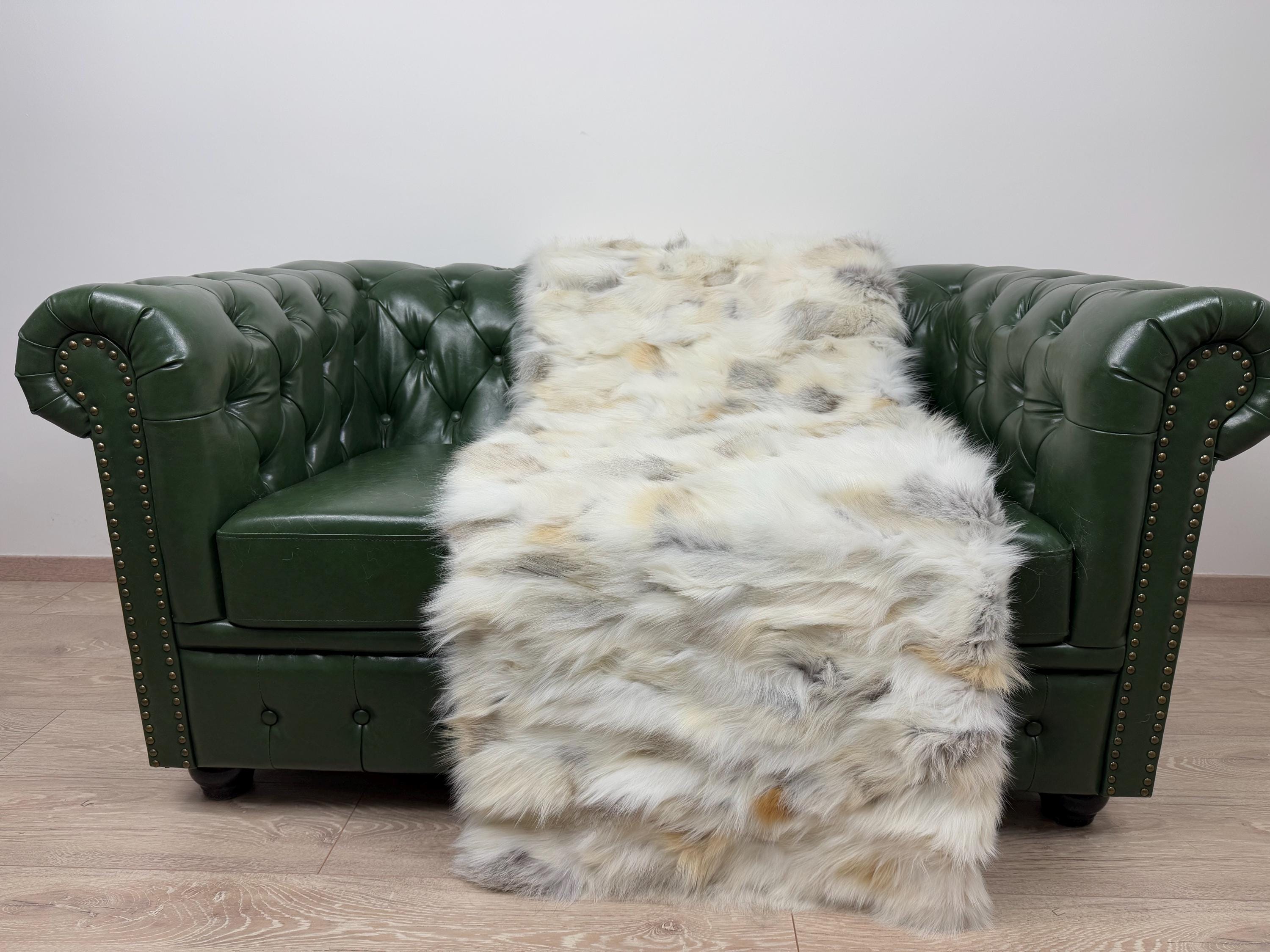 Luxury Real Cream Fox Fur Blanket Throw, Fluffy Genuine Fur Bedspread Bedding
