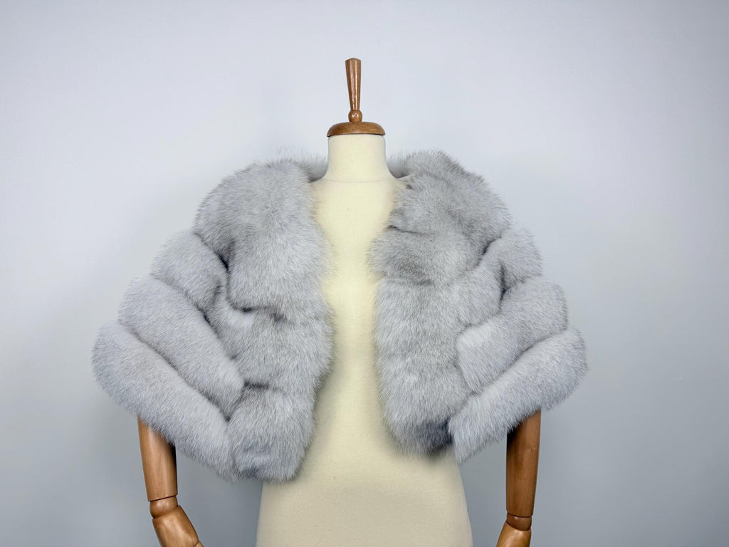 Luxury Blue Fox Fur Stole: Real Ice White Fur Bridal Shawl