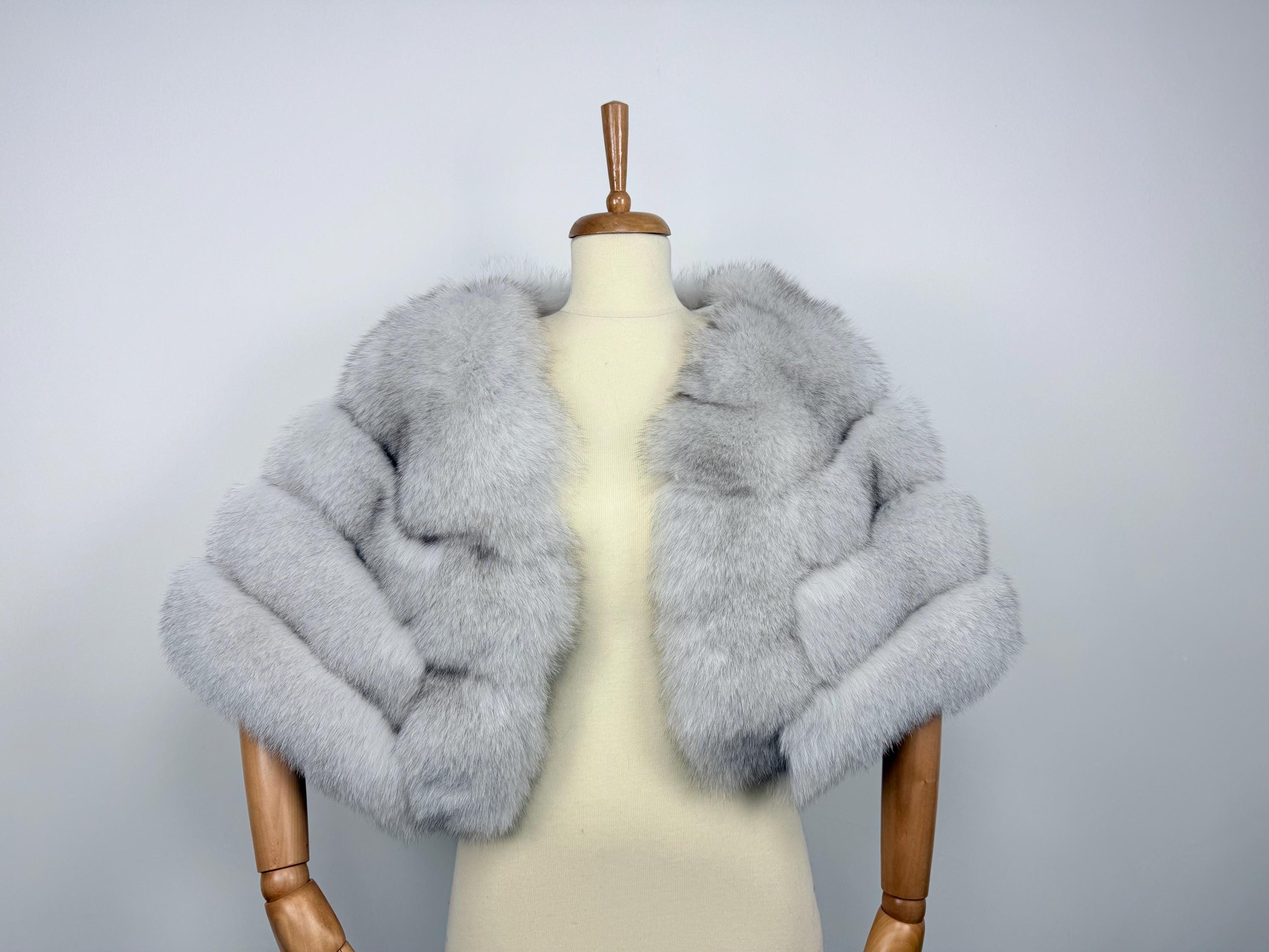 Luxury Blue Fox Fur Stole: Real Ice White Fur Bridal Shawl