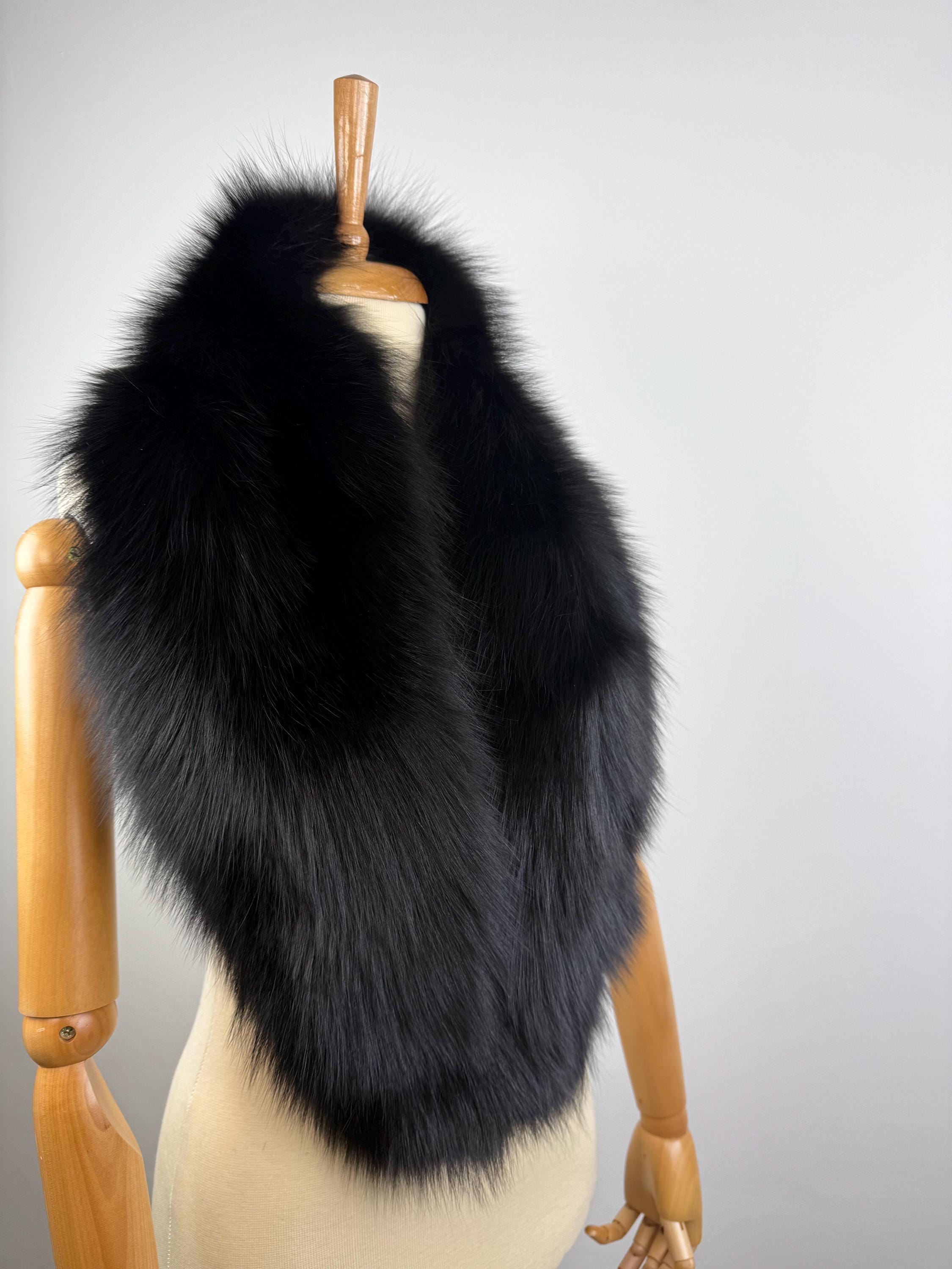 Black Fox Fur Stole – Real Fur Wrap, Extra Long Luxury Fur, Handmade in Greece