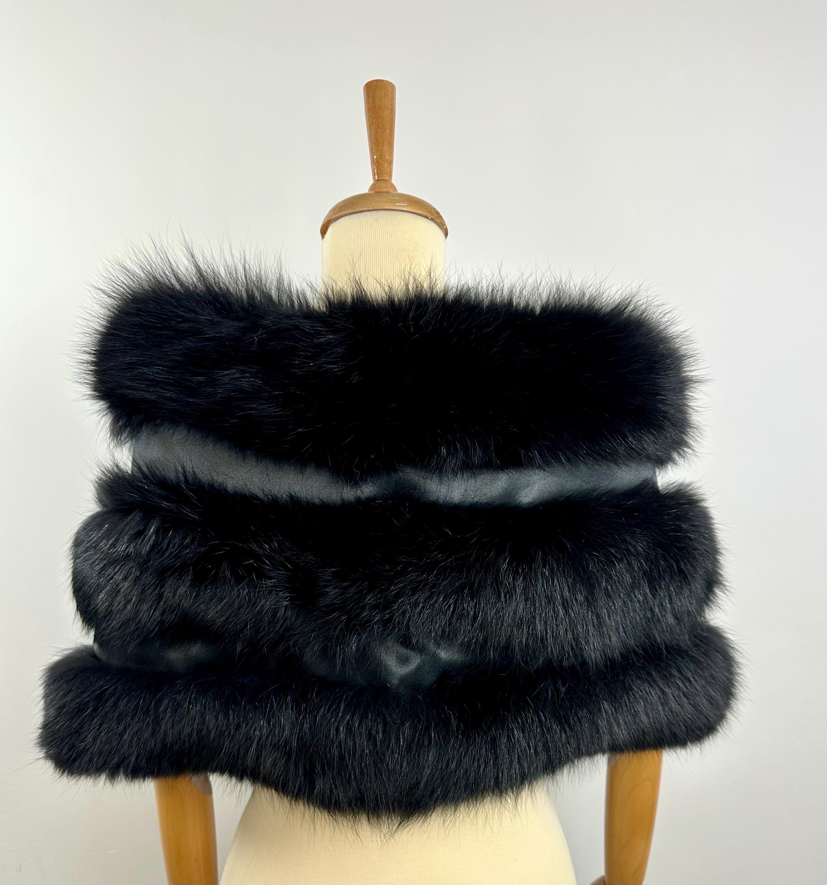 Black Fox Fur Shawl – Real Fur Wrap, Handmade in Greece, Luxury Evening Shawl