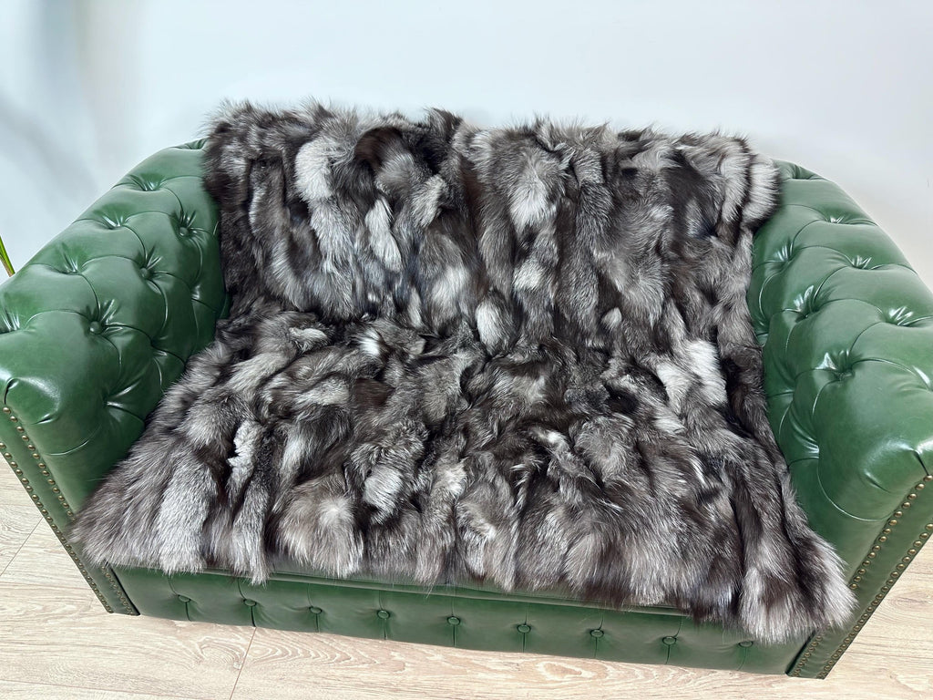 Luxury Silver Fox Fur Blanket: Handmade Real Fur Throw
