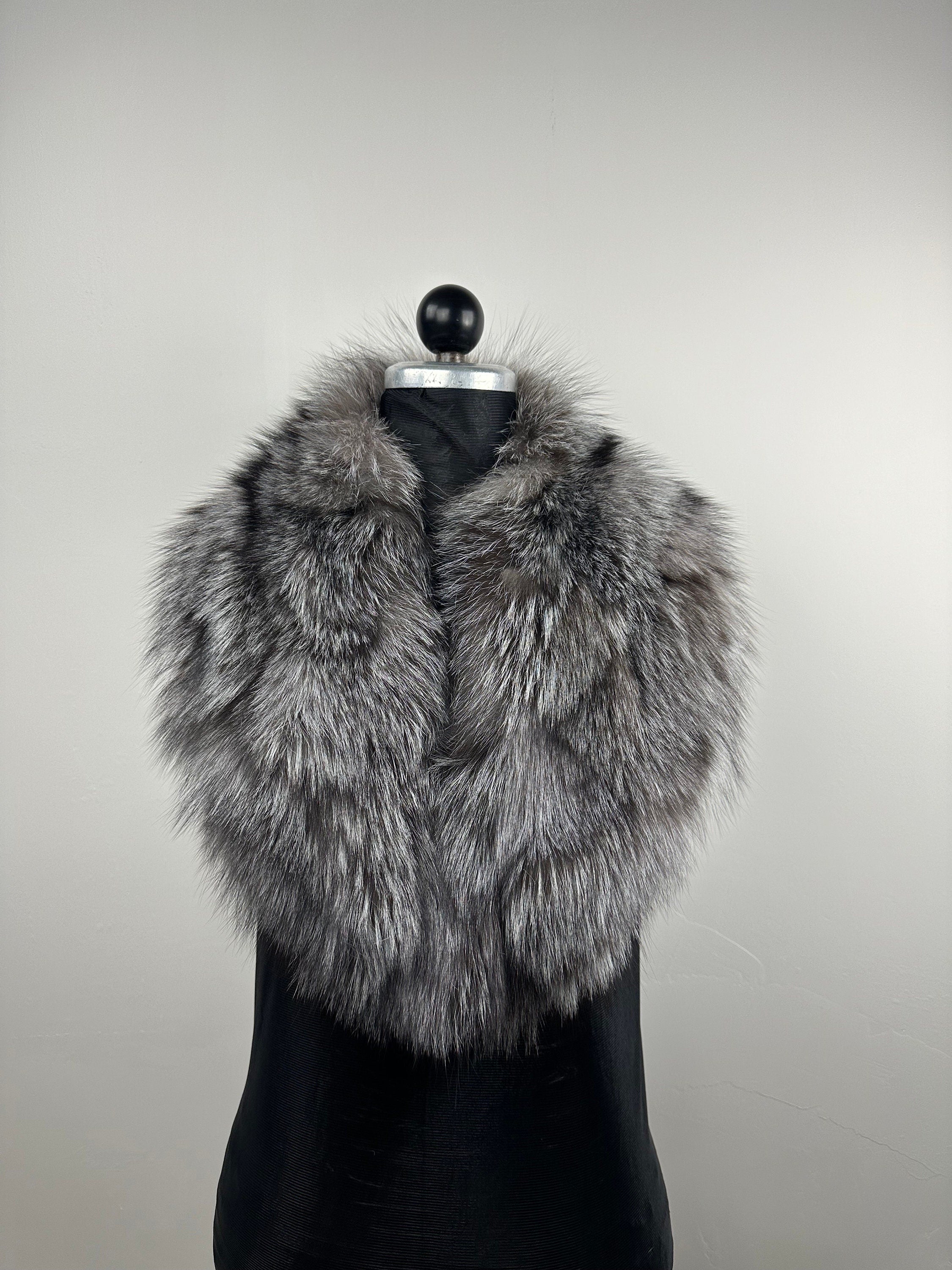 Silver Frost Fox Fur Collar: Genuine Fur Stole, Handmade in Greece
