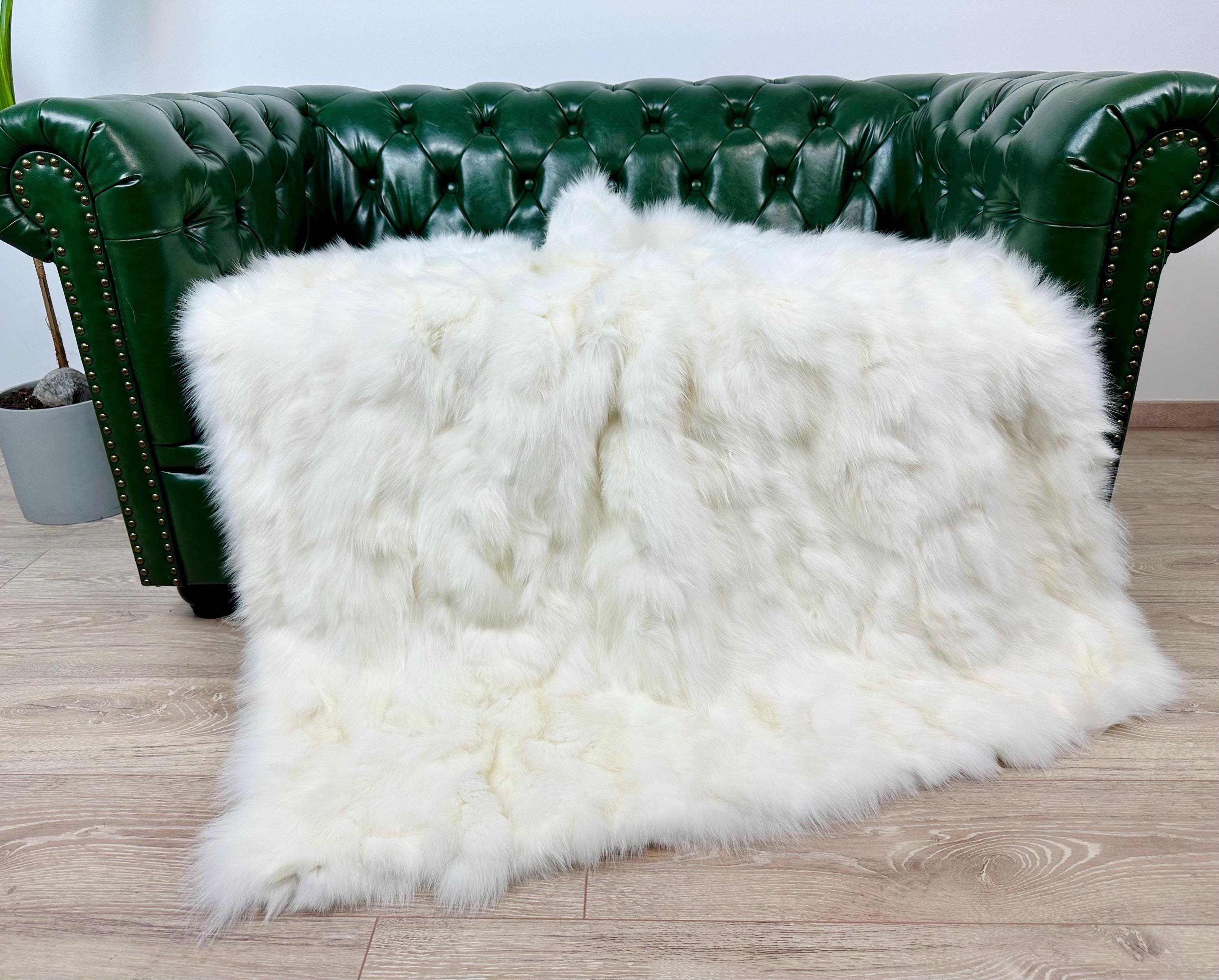 Handmade White Shadow Fox Fur Blanket: Luxury Bedspread Throw