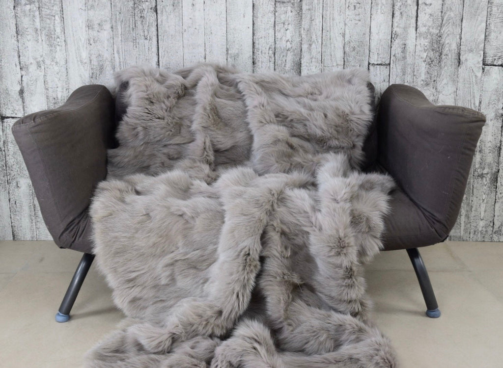 Luxury Fox Fur Blanket: Grey Handmade Throw, Elegant Home Decor