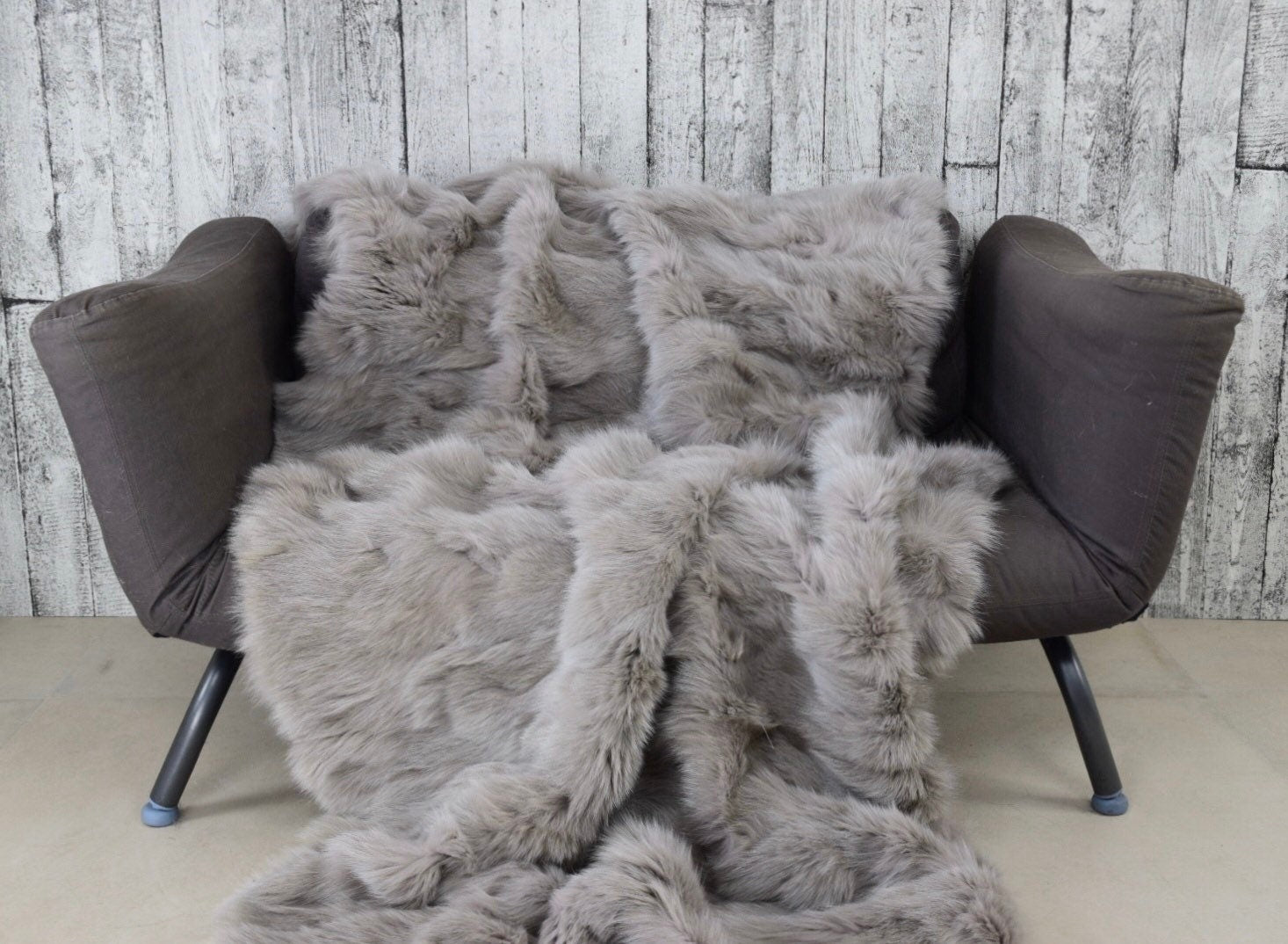 Luxury Fox Fur Blanket: Grey Handmade Throw, Elegant Home Decor