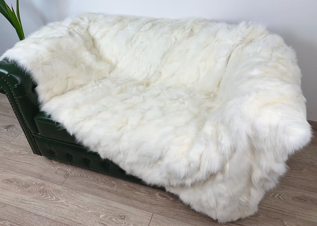 Handmade White Shadow Fox Fur Blanket: Luxury Bedspread Throw