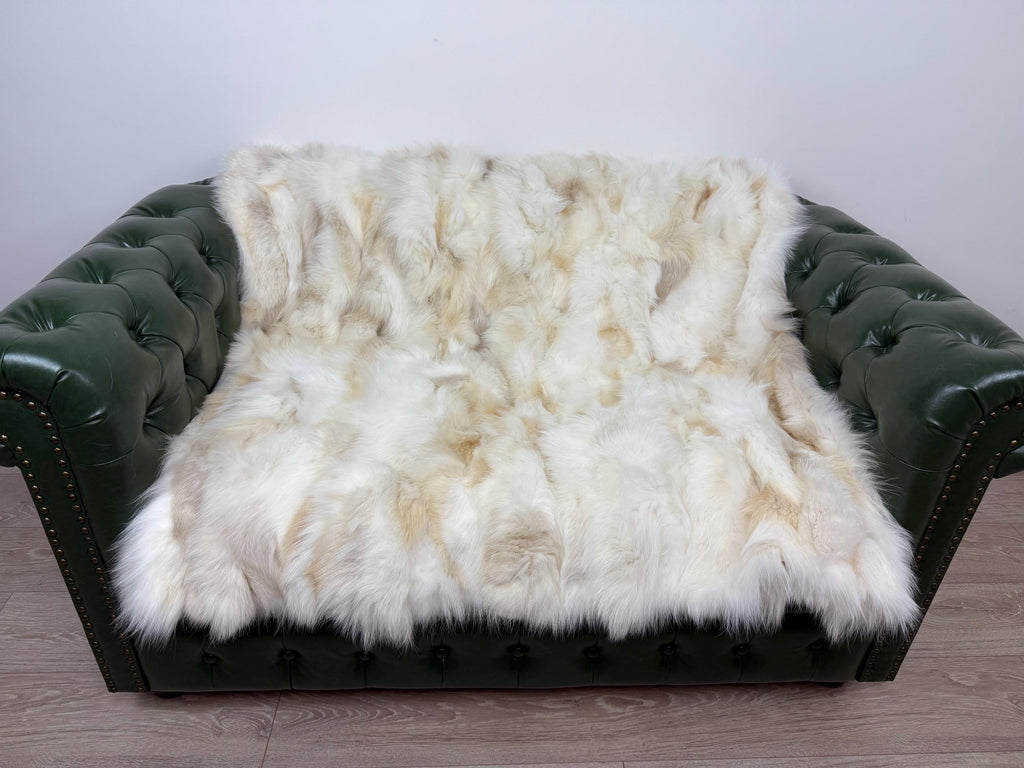 Luxury Real Cream Fox Fur Blanket Throw, Fluffy Genuine Fur Bedspread Bedding