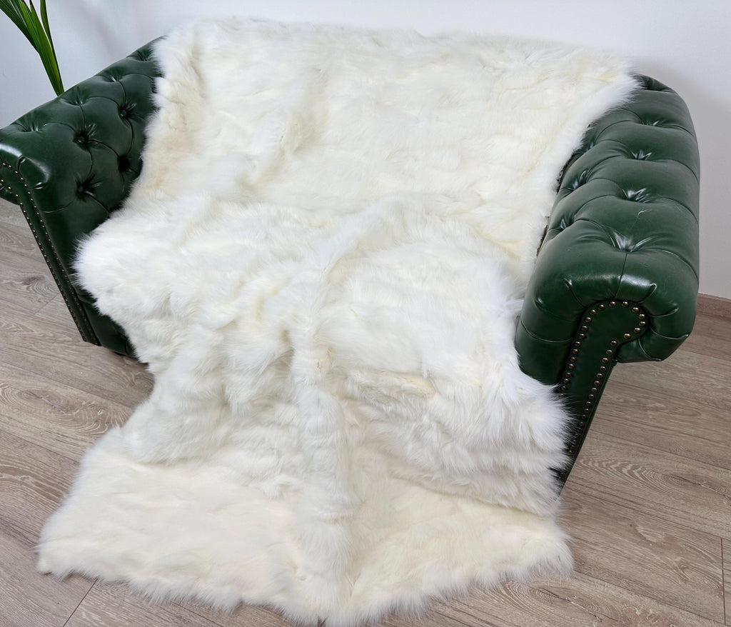 Handmade White Shadow Fox Fur Blanket: Luxury Bedspread Throw