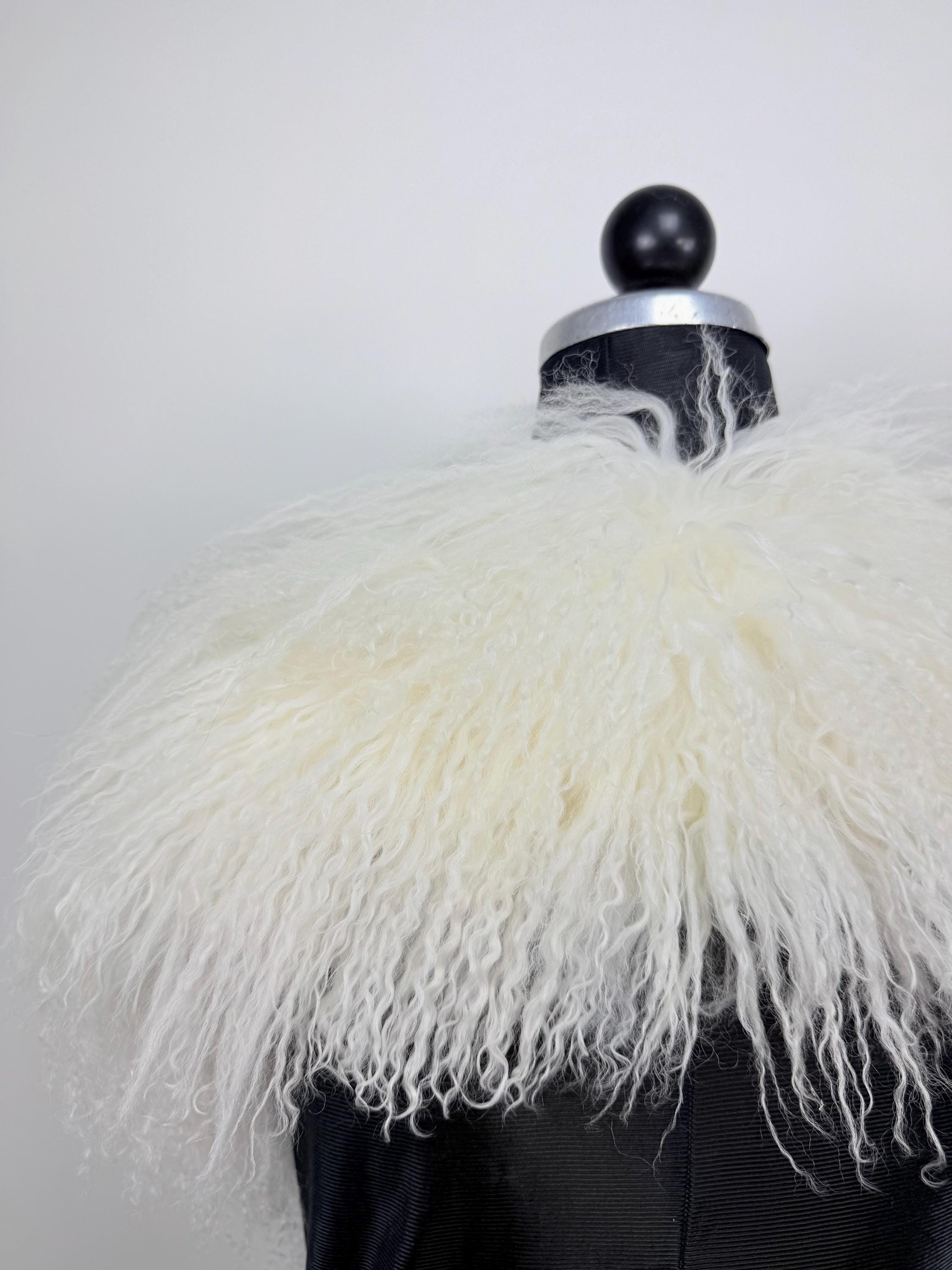 White Mongolian Sheepskin Fur Extra Long Size Collar: Luxury Bridal Fur Stole Shawl