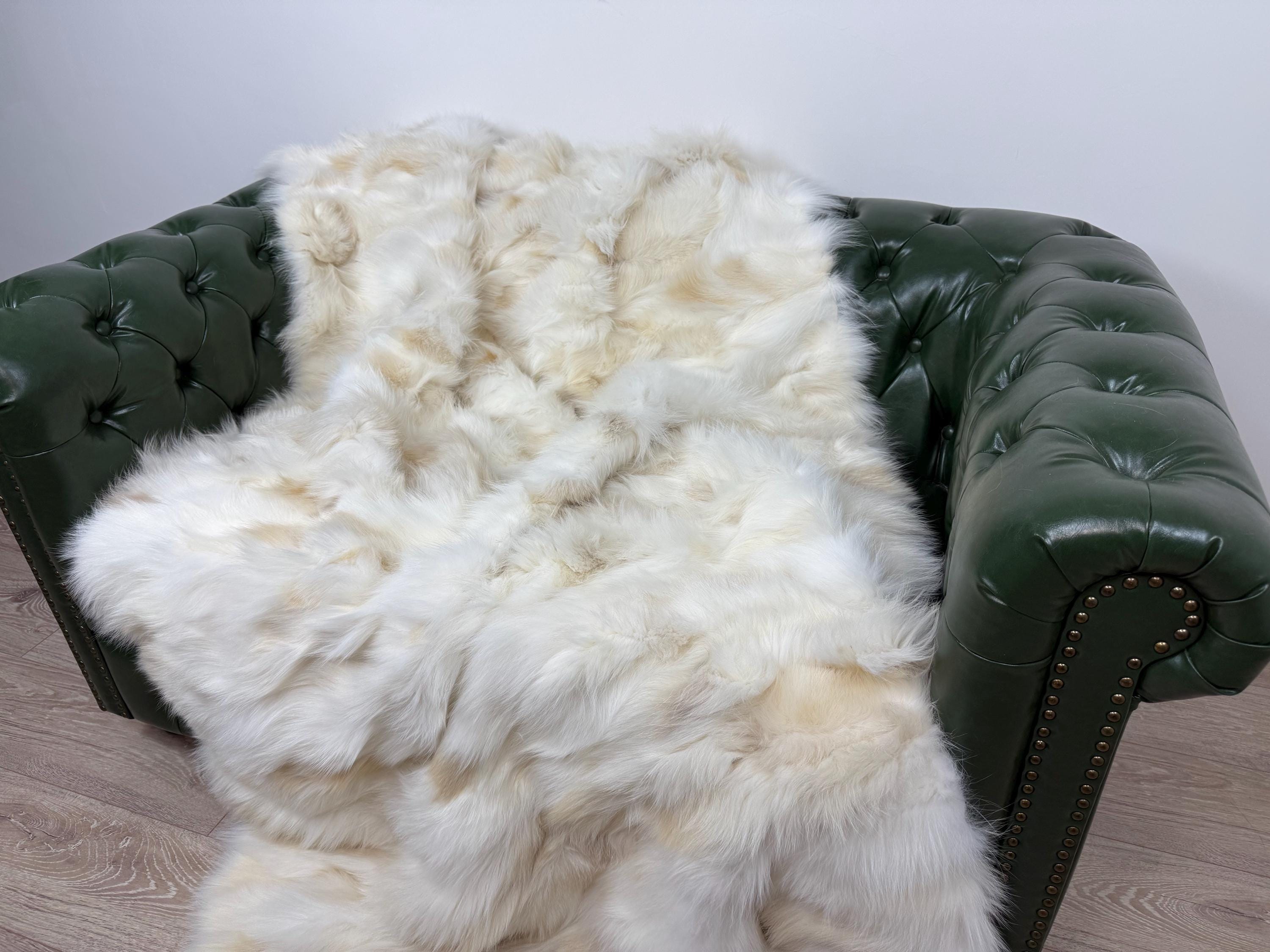Luxury Real Cream Fox Fur Blanket Throw, Fluffy Genuine Fur Bedspread Bedding