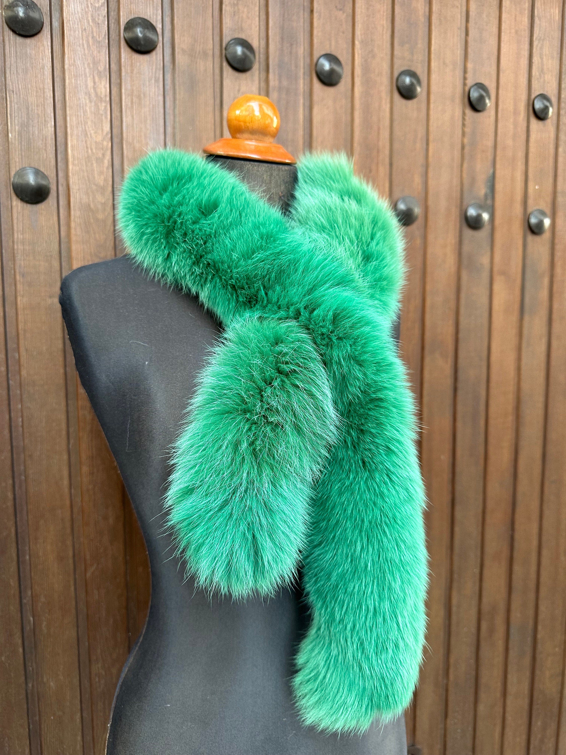 Green Fox Fur Scarf, Real Fur Scarf, Handmade Fur Scarf, Luxury Winter Scarf for Women