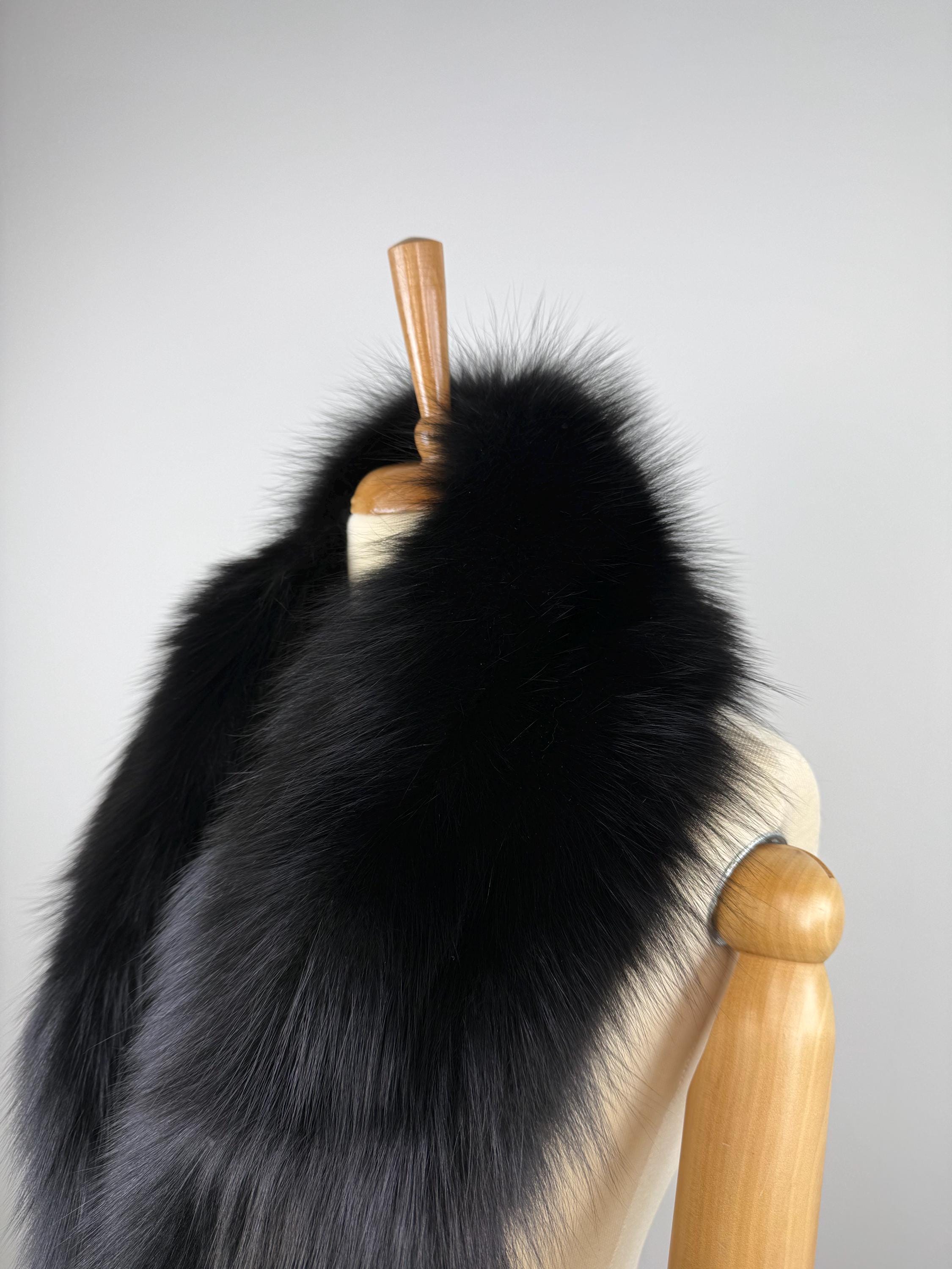 Black Fox Fur Stole – Real Fur Wrap, Extra Long Luxury Fur, Handmade in Greece