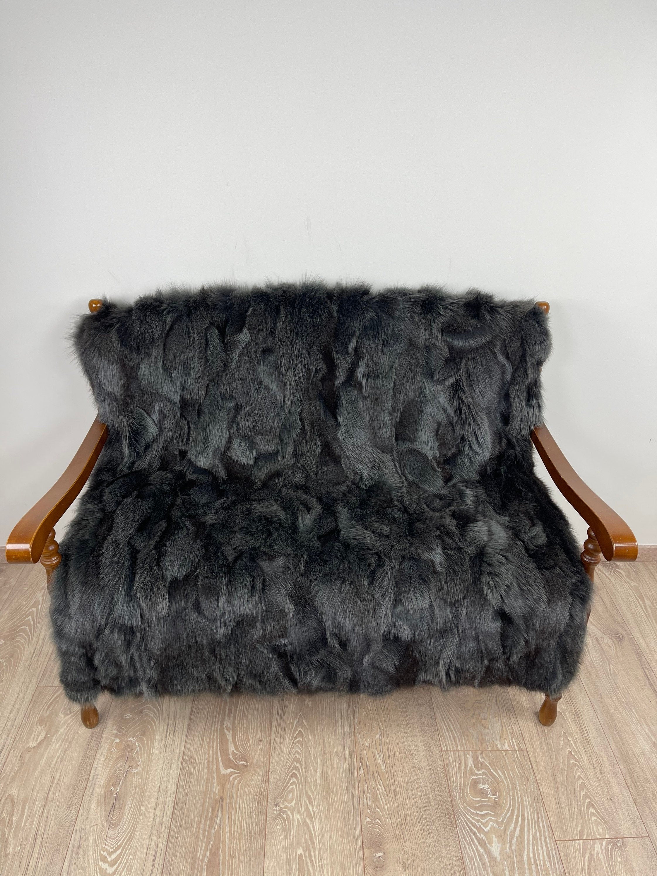 Dark Gray Fox Fur Blanket – Real Fur Throw, Handmade in Greece, Luxury Fur Blanket