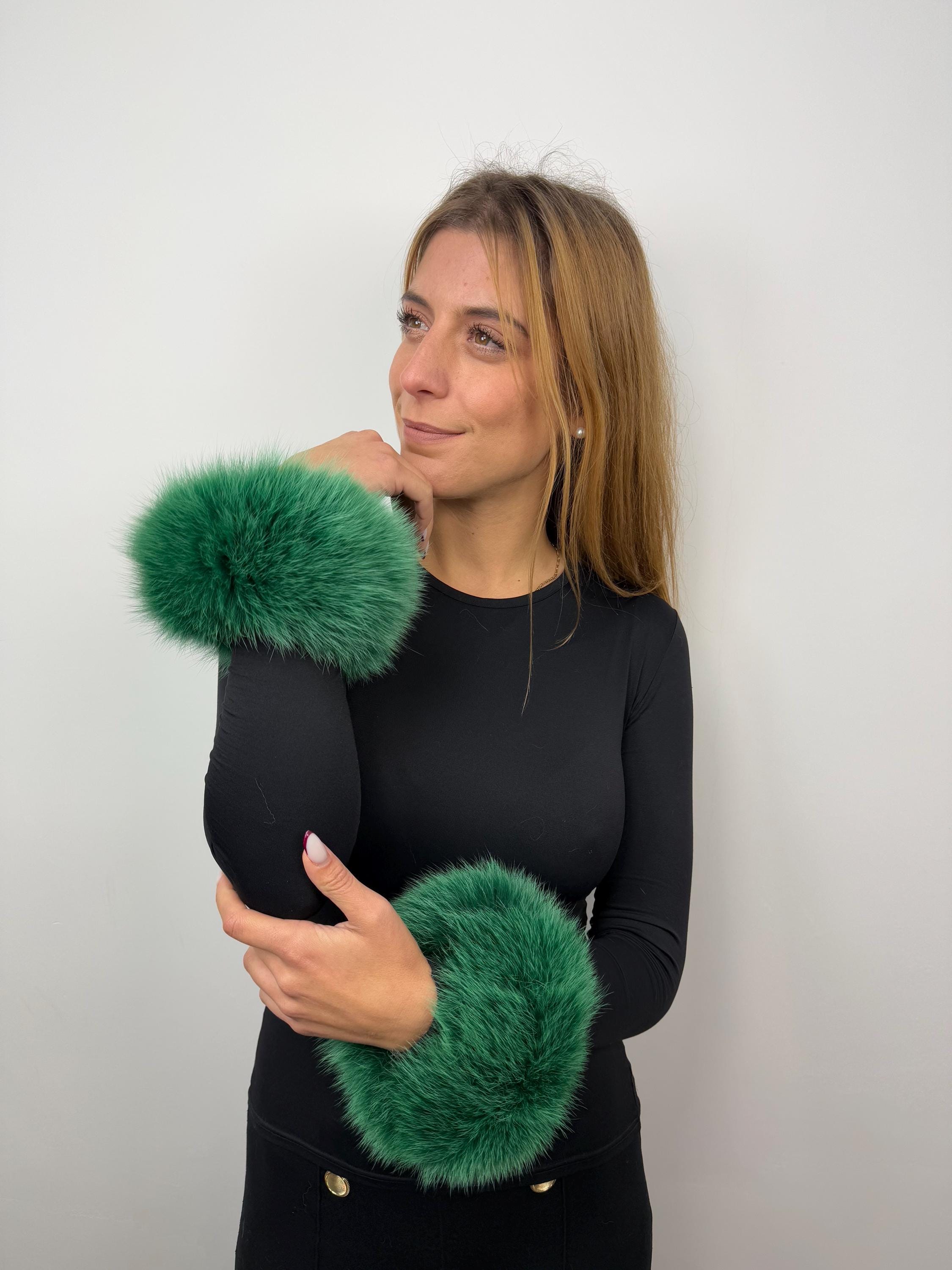 Green Fox Fur Cuffs: Fur Fluffy Wrist Warmers