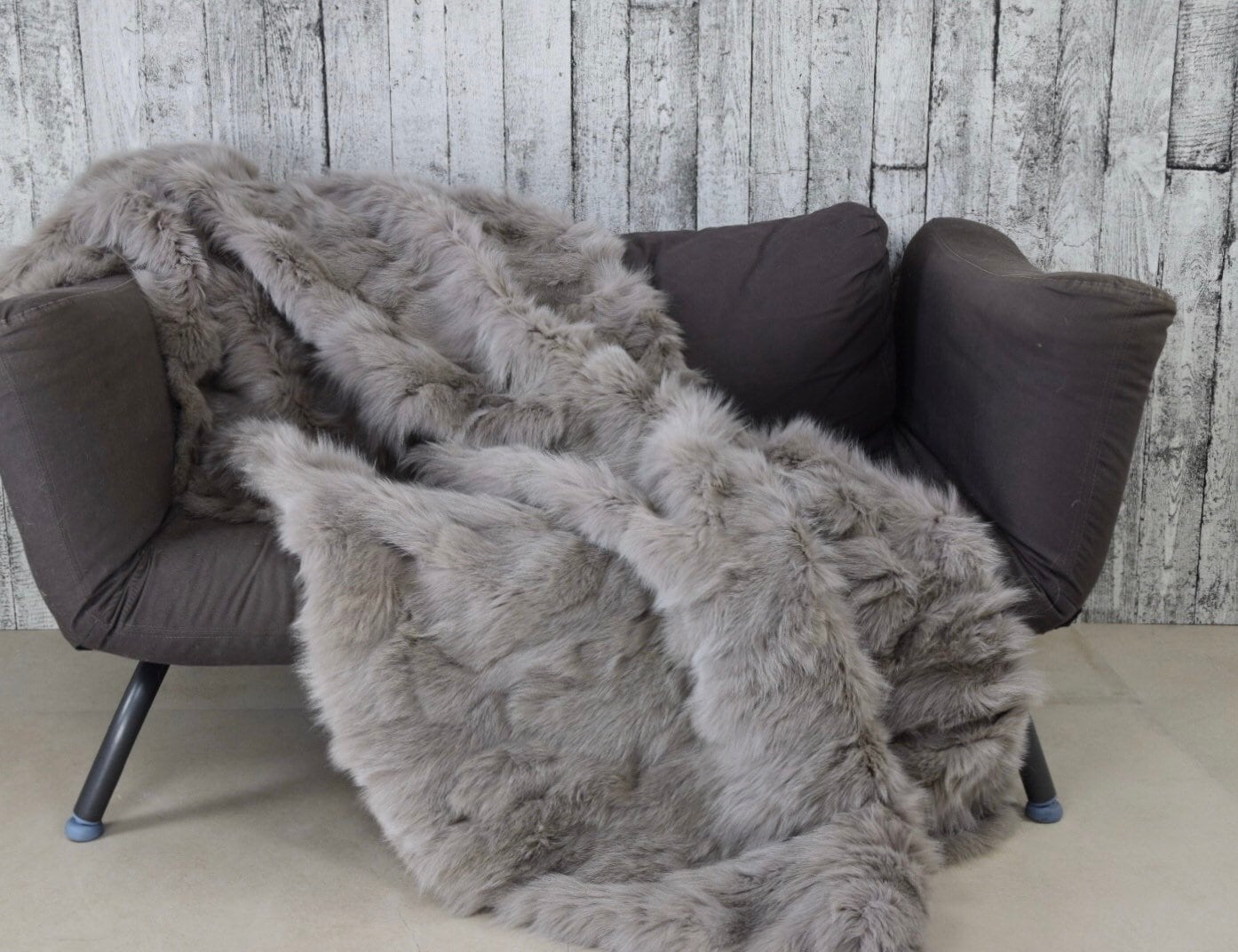 Luxury Fox Fur Blanket: Grey Handmade Throw, Elegant Home Decor