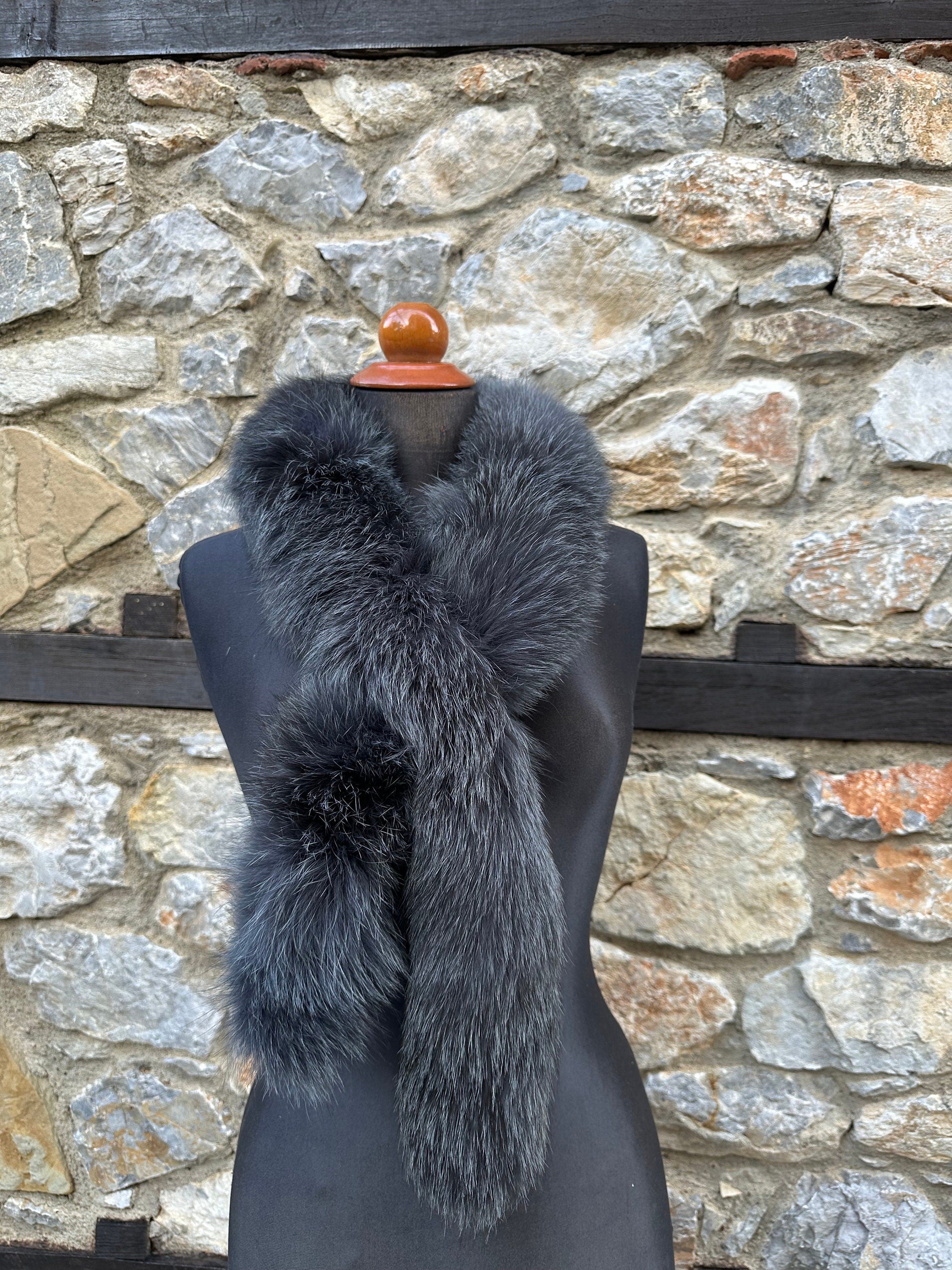 Gray Fox Fur Scarf – Real Fur Scarf, Handmade in Greece, Luxury Winter Scarf