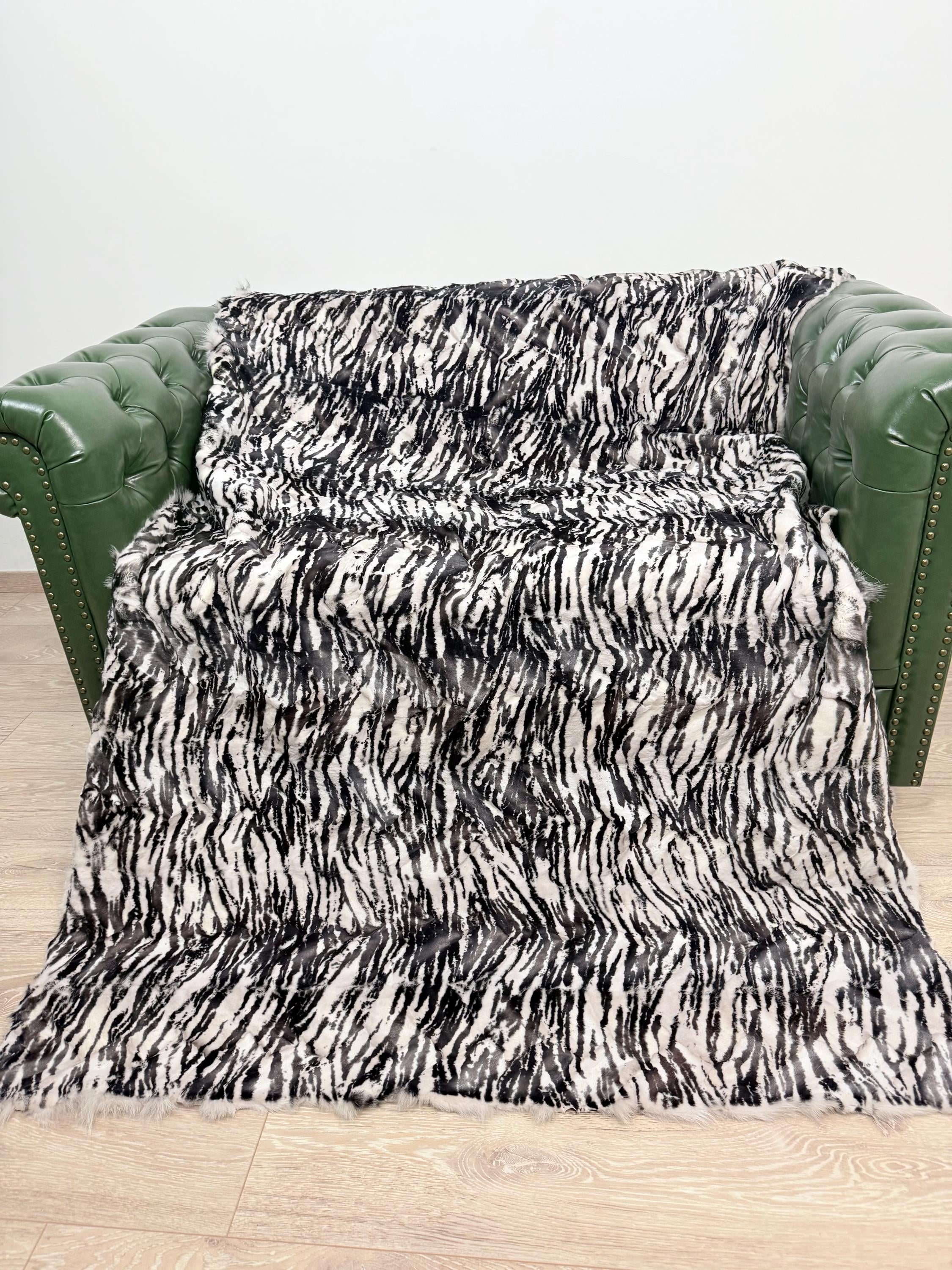 Luxury Fox Fur Throw: White Zebra Print, Handmade Exotic Home Decor