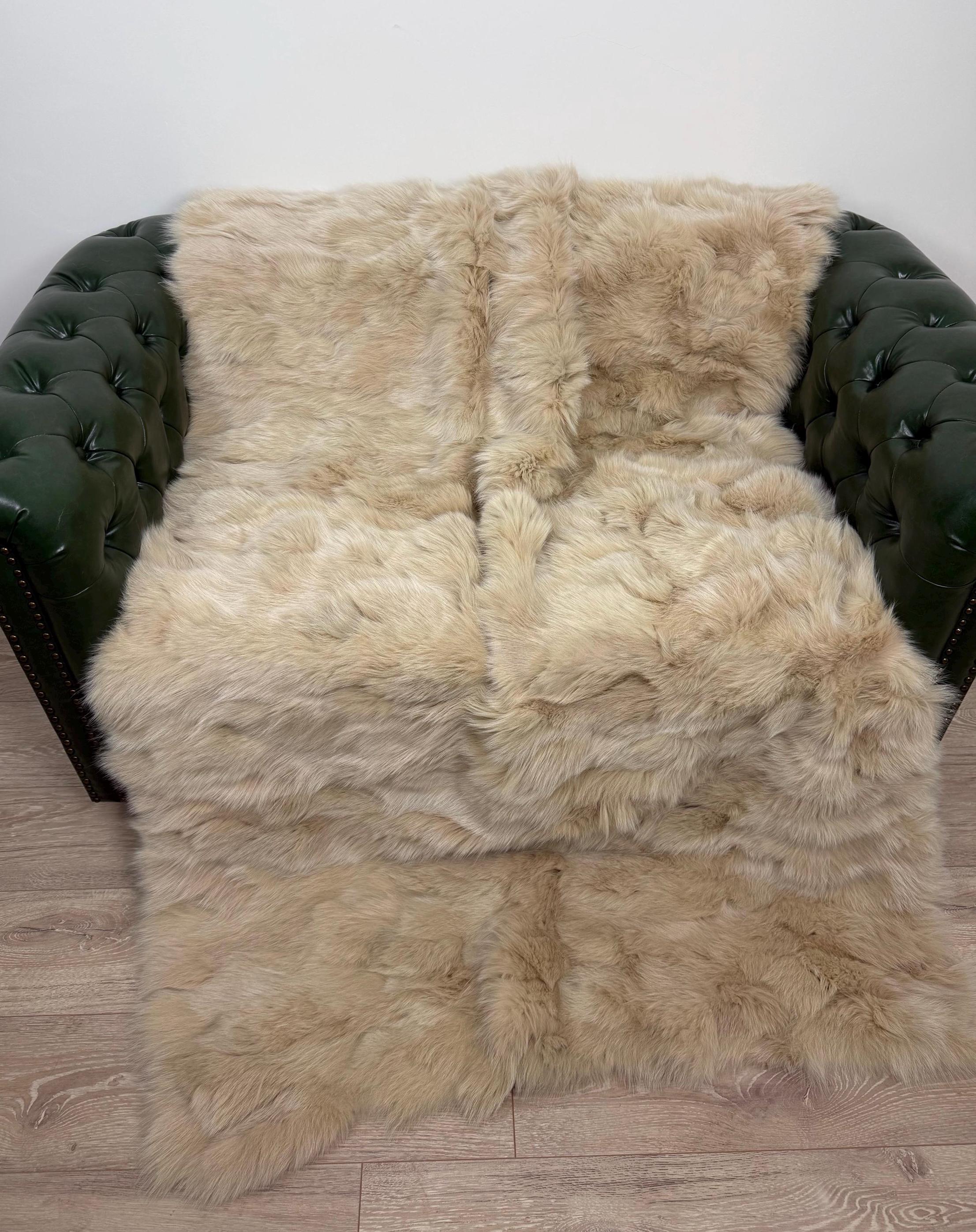 Luxury Beige Fox Fur Blanket: Handmade Fluffy Bedspread, Sofa Throw