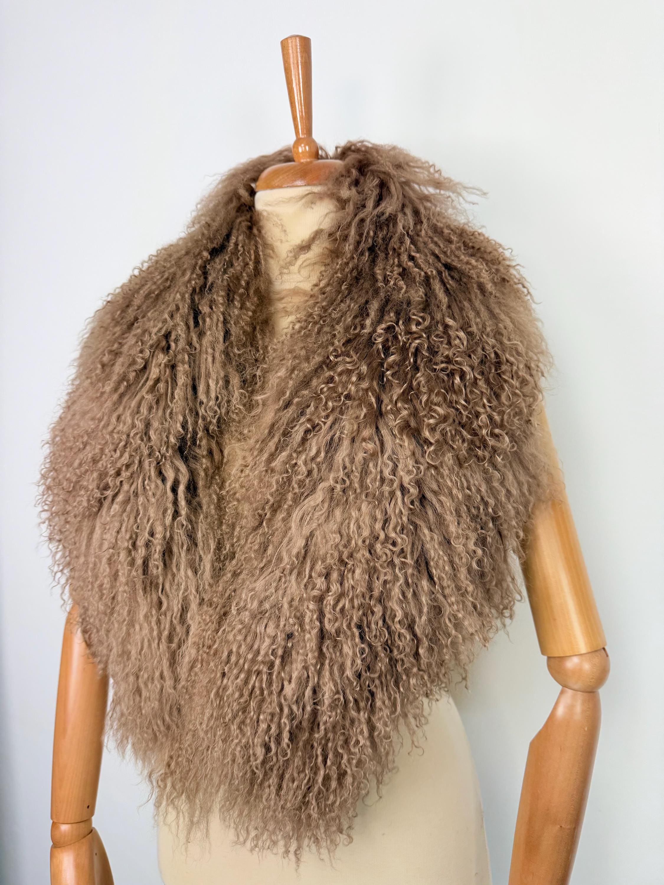 Brown Mongolian Sheepskin Fur Extra Long Size Collar: Luxury Fur Stole Shawl