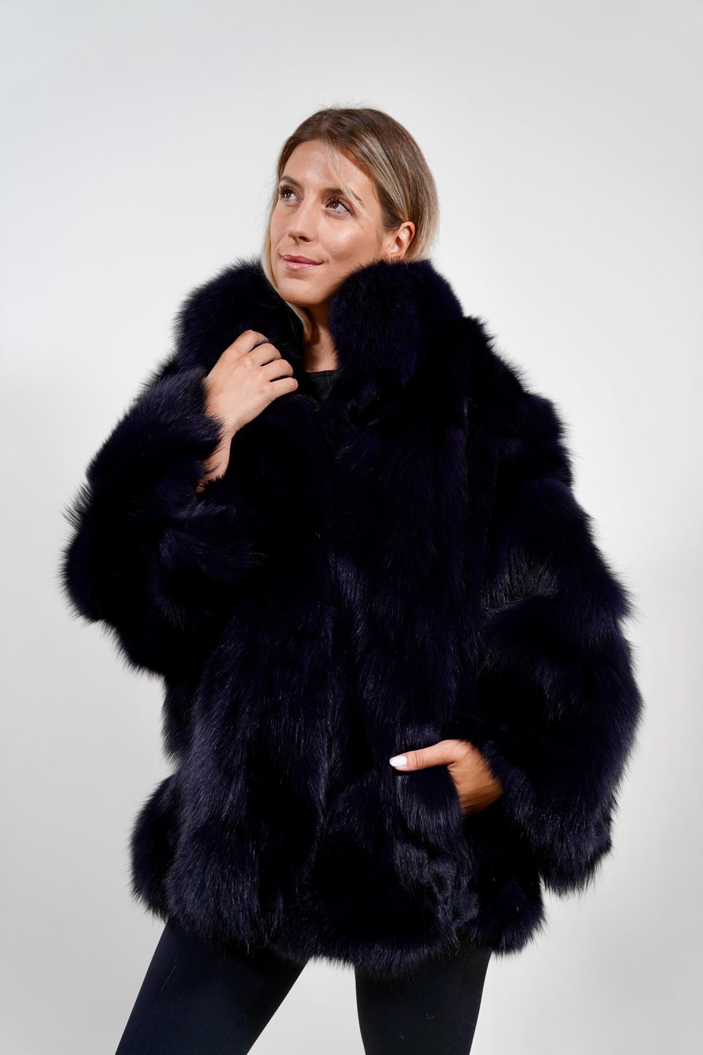 Luxury Blue Black Cape: Real Fox Fur Jacket
