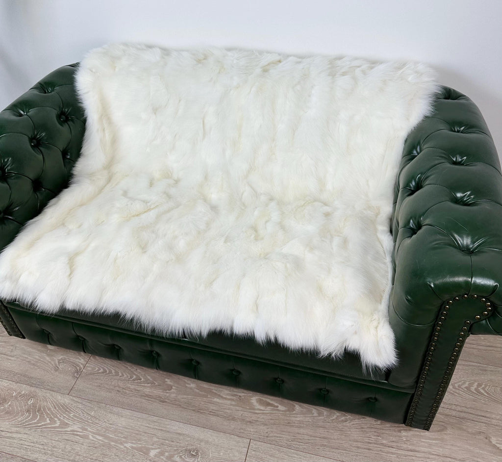 Handmade White Shadow Fox Fur Blanket: Luxury Bedspread Throw