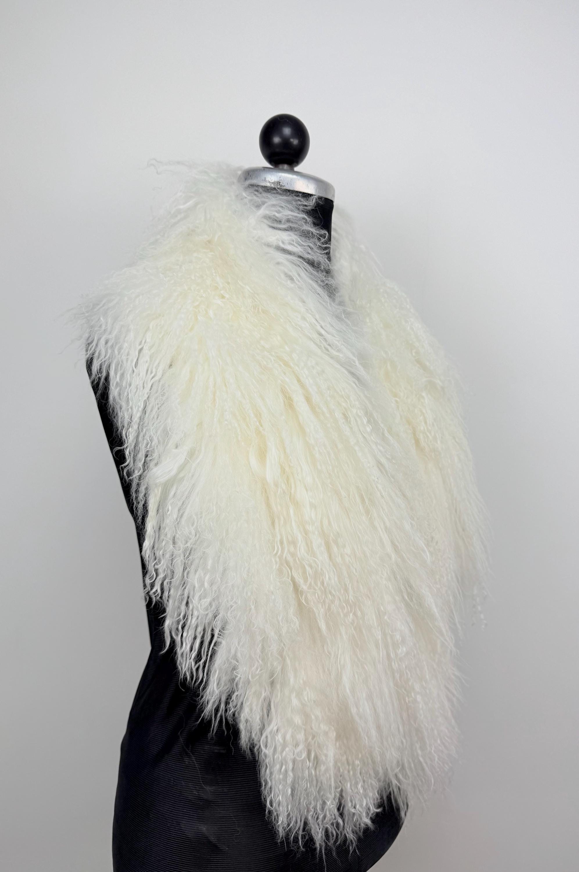 White Mongolian Sheepskin Fur Extra Long Size Collar: Luxury Bridal Fur Stole Shawl