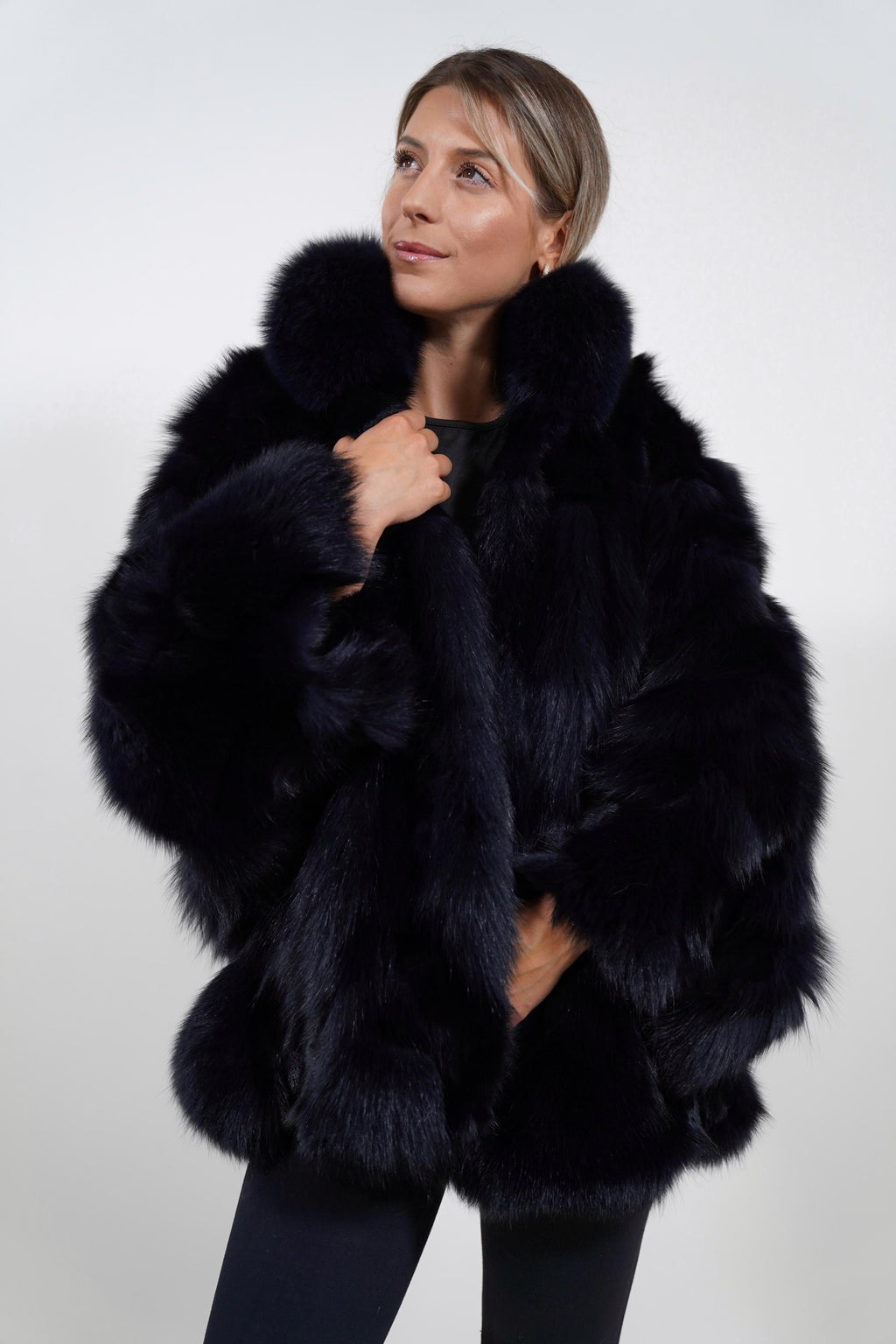 Luxury Blue Black Cape: Real Fox Fur Jacket