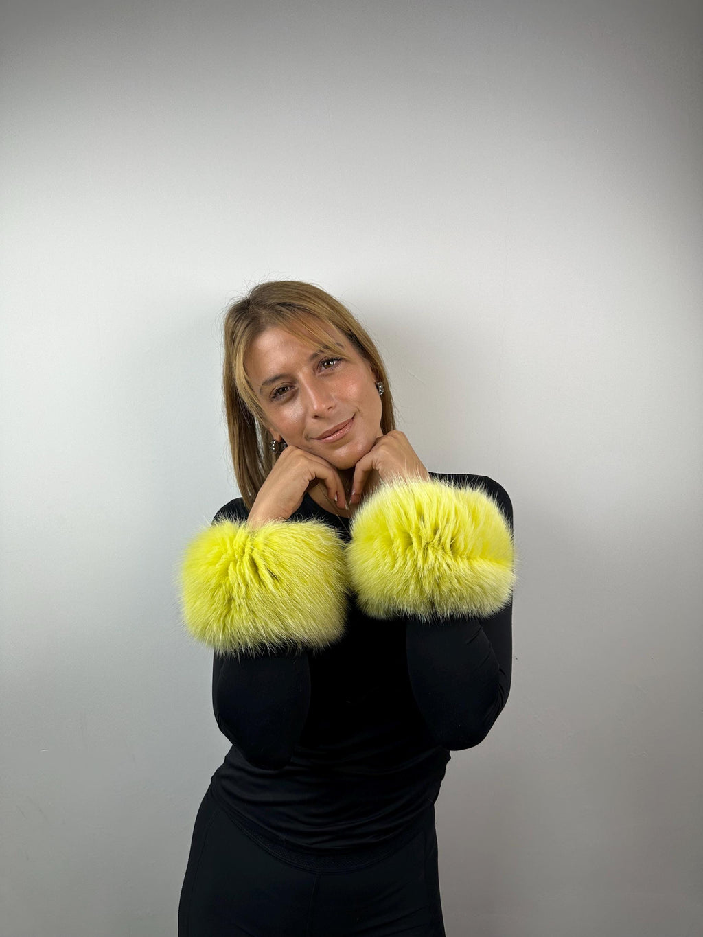 Real Fox Fur Cuffs: Lime Yellow Fluffy Wrist Warmers