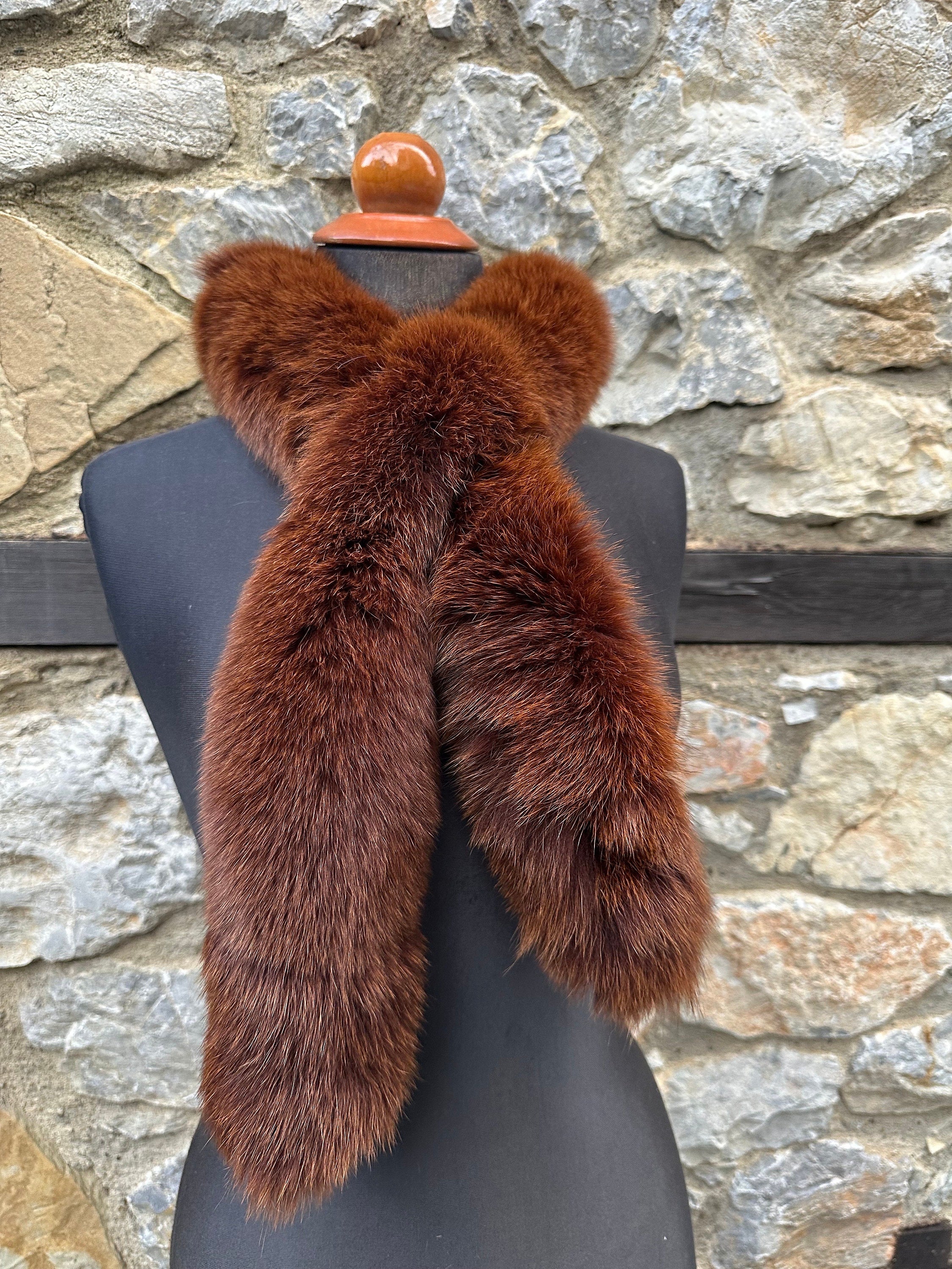 Brown Fox Fur Scarf: Warm Fluffy Genuine Fur