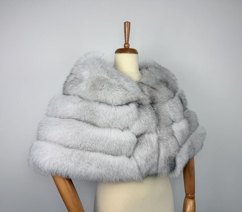 Luxury Blue Fox Fur Stole: Real Ice White Fur Bridal Shawl