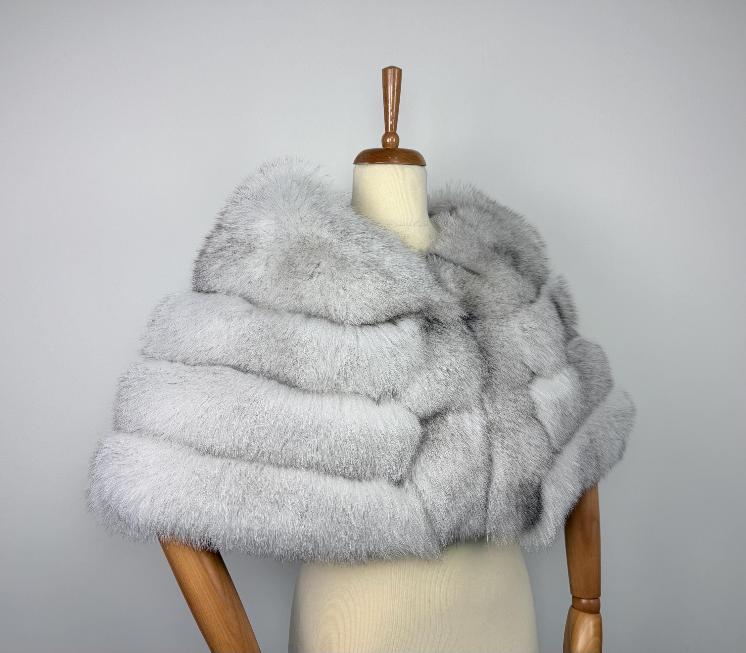 Luxury Blue Fox Fur Stole: Real Ice White Fur Bridal Shawl