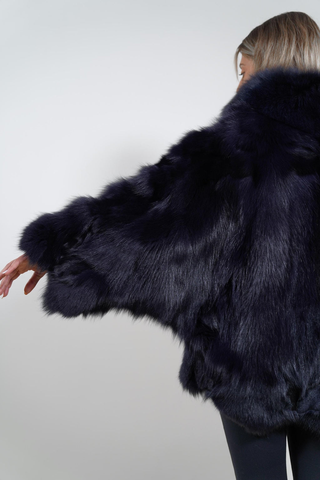 Luxury Blue Black Cape: Real Fox Fur Jacket