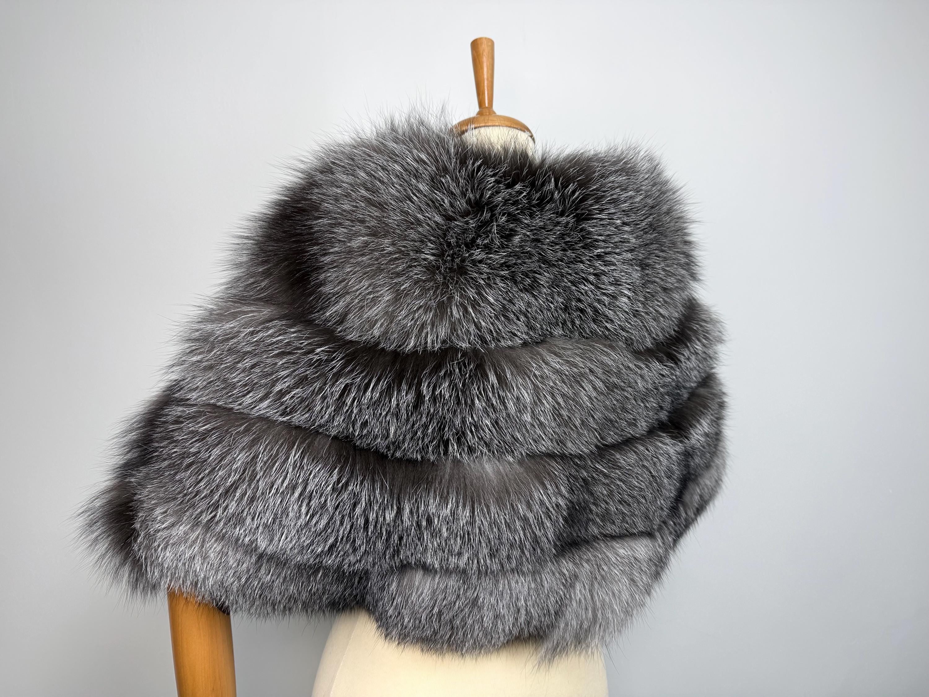 Frost Fox Fur Shawl – Real Fur Wrap, Handmade in Greece, Luxury Evening Shawl