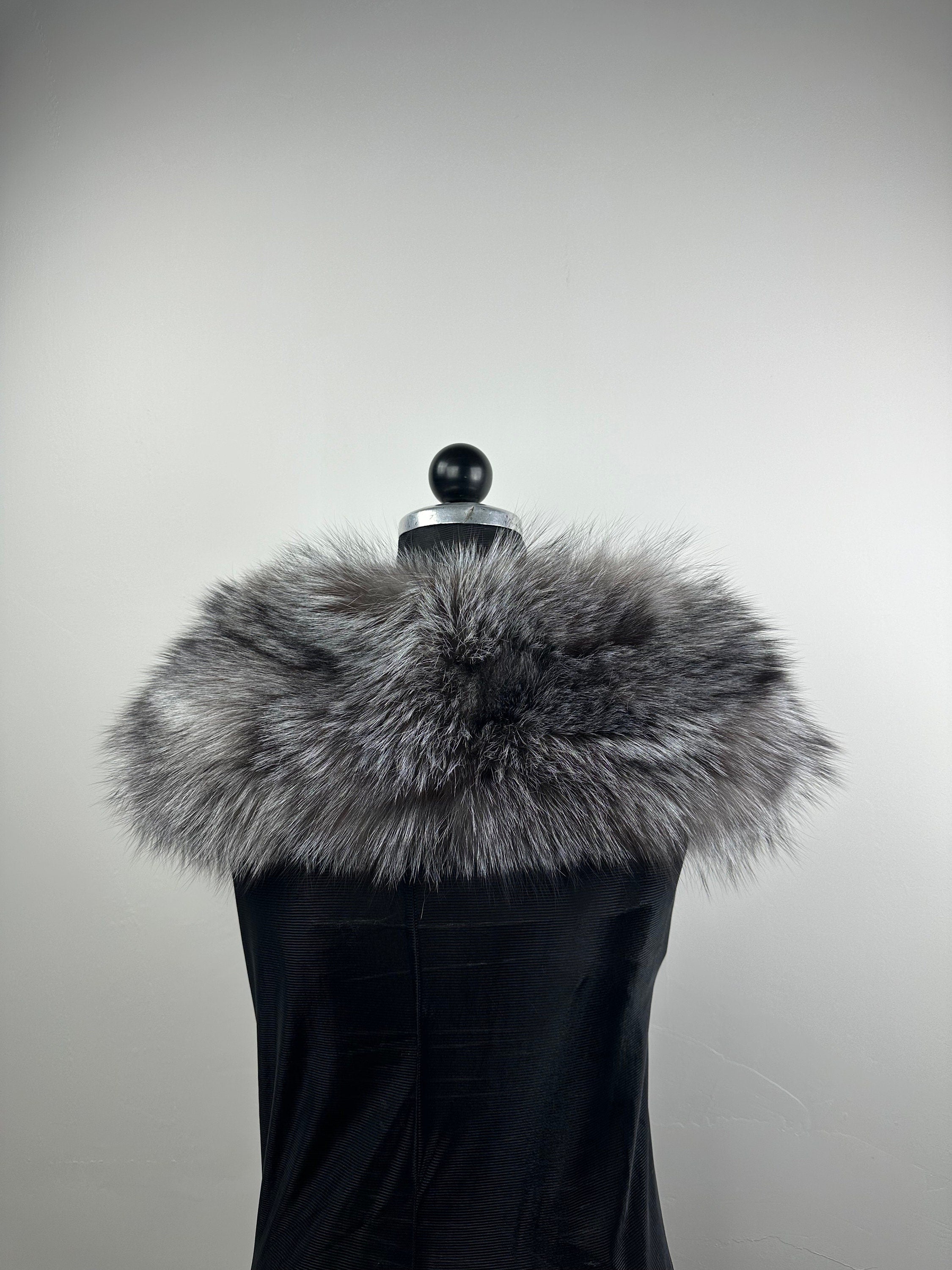Silver Frost Fox Fur Collar: Genuine Fur Stole, Handmade in Greece
