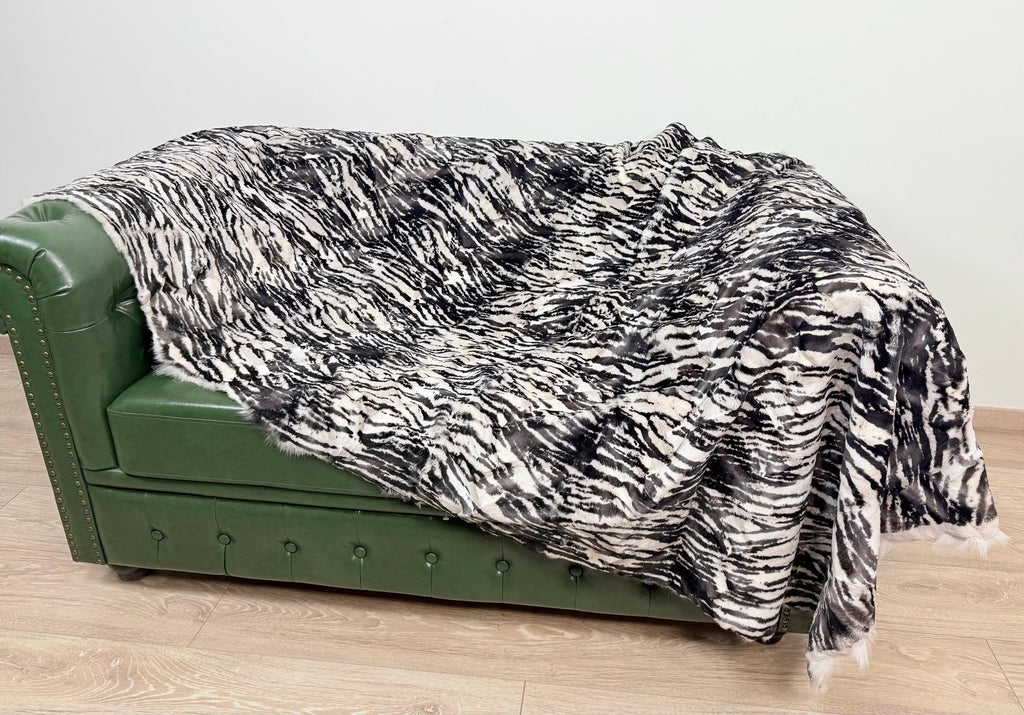 Luxury Fox Fur Throw: White Zebra Print, Handmade Exotic Home Decor