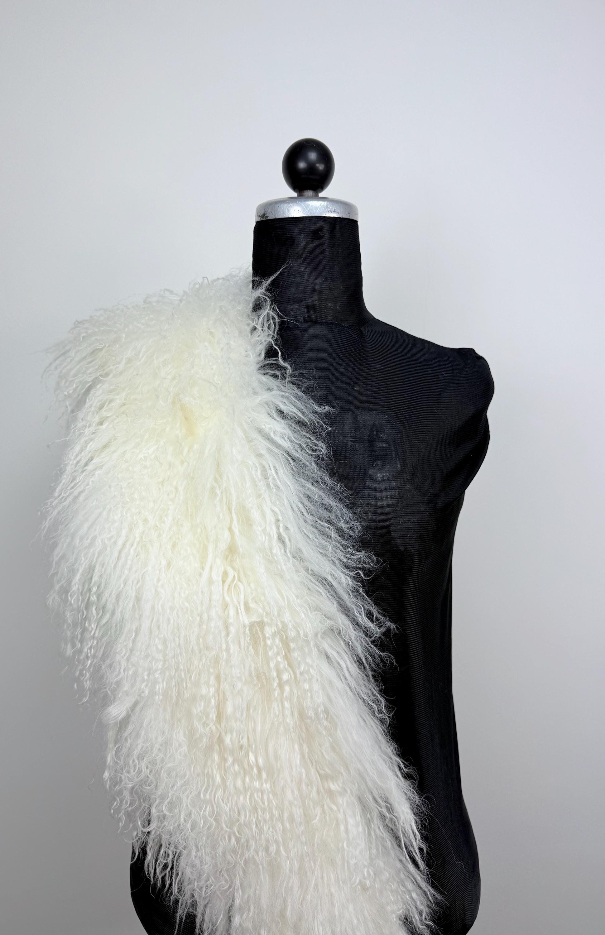 White Mongolian Sheepskin Fur Extra Long Size Collar: Luxury Bridal Fur Stole Shawl