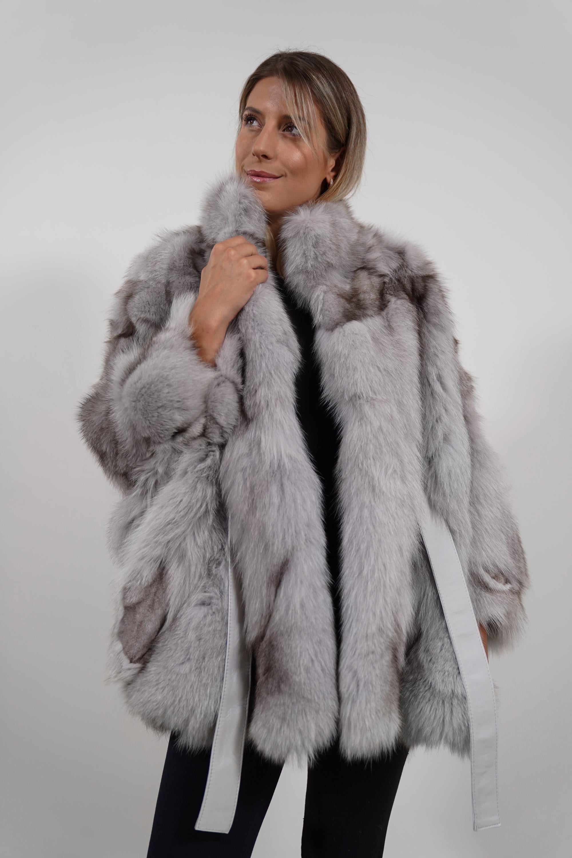 Luxury Gray Fur Cape: Real Fox Fur Grey Jacket Poncho with Belt