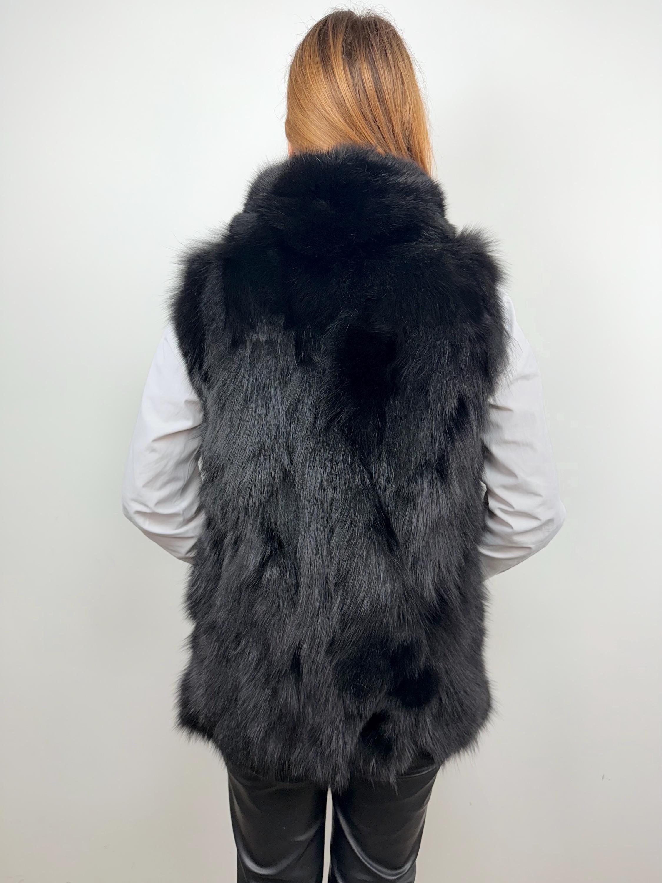 Elegant Black Fox Fur Vest: Genuine Fur Jacket