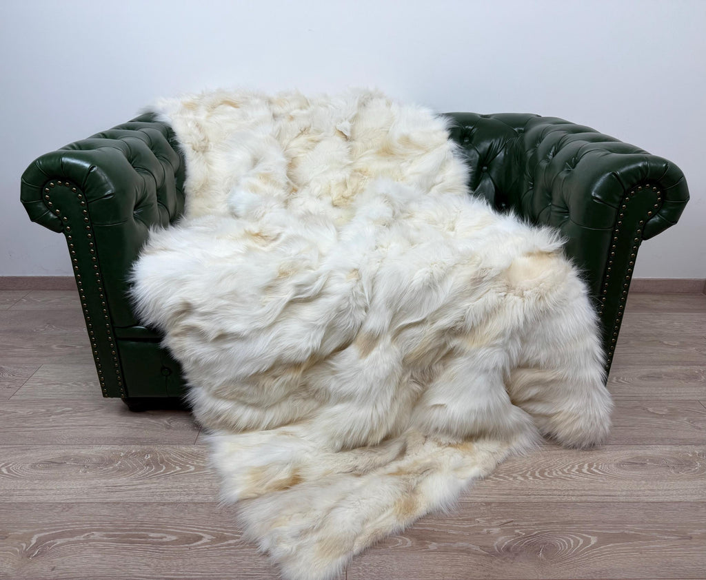 Luxury Real Cream Fox Fur Blanket Throw, Fluffy Genuine Fur Bedspread Bedding