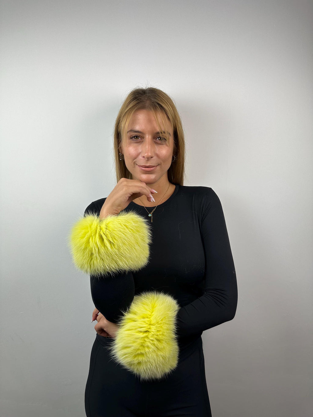 Real Fox Fur Cuffs: Lime Yellow Fluffy Wrist Warmers